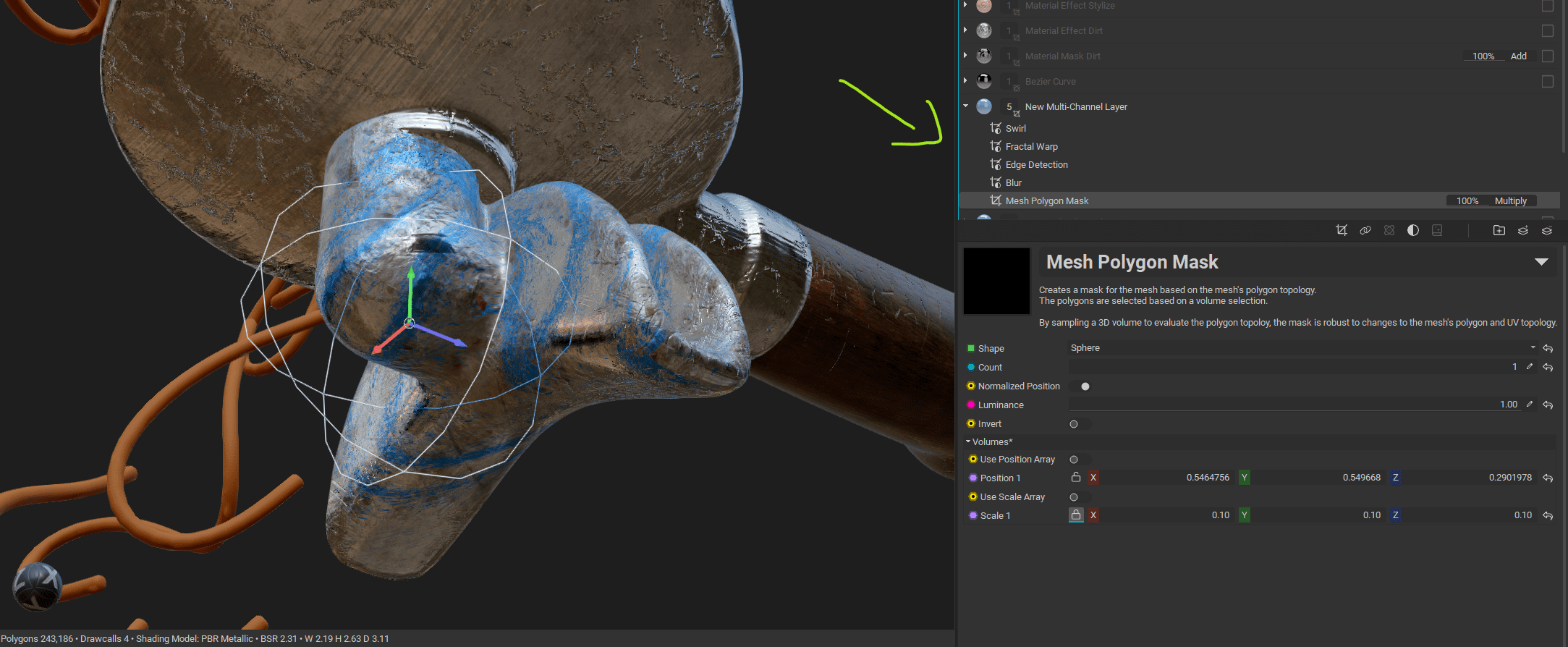 closeup view of a 3d model featuring a metallic tool with a textured blue and grey surface alongside a panel on the right displaying mesh polygon mask options in digital design software digital production Close-up view of a 3D model featuring a metallic tool with a textured blue and grey surface, alongside a panel on the right displaying mesh polygon mask options in digital design software.