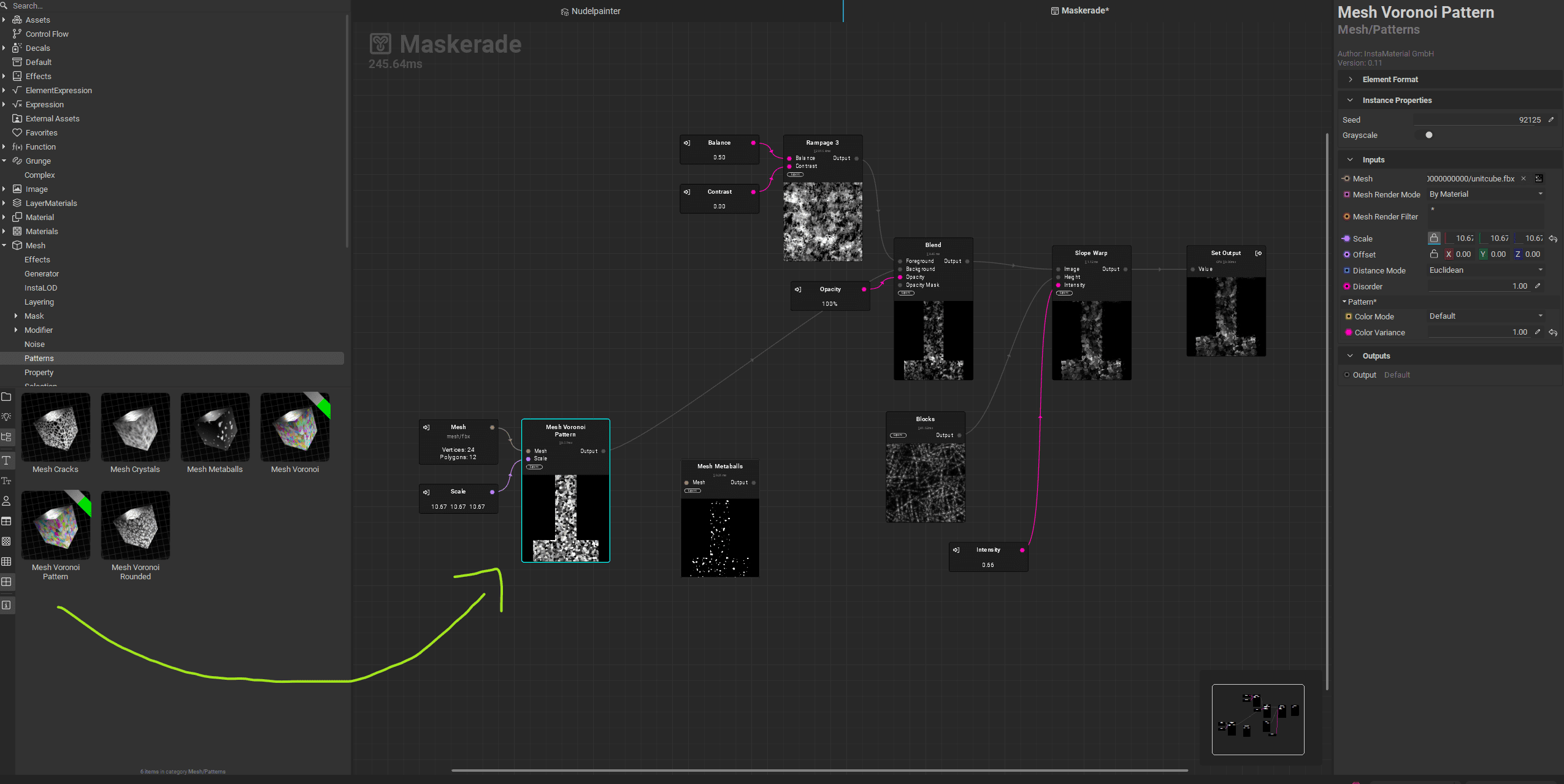 a screenshot of a software interface displaying a nodebased workflow with various connected nodes labeled maskerade the left sidebar shows a selection of materials while the main area illustrates a complex mesh pattern being created digital production A screenshot of a software interface displaying a node-based workflow with various connected nodes, labeled 'Maskerade'. The left sidebar shows a selection of materials, while the main area illustrates a complex mesh pattern being created.