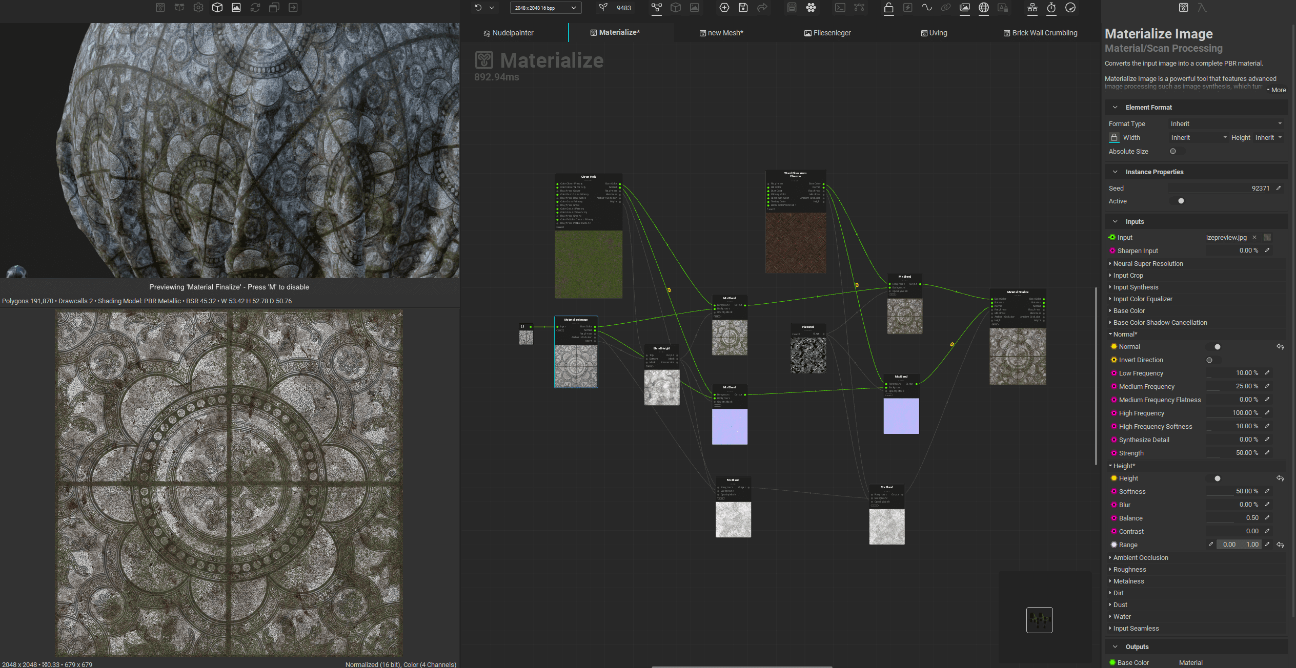 an interface displaying a 3d textured sphere with a detailed pattern on the left side the right side shows a complex node graph representing material properties alongside a visual preview of a texture grid with intricately designed circular motifs digital production An interface displaying a 3D textured sphere with a detailed pattern on the left side. The right side shows a complex node graph representing material properties, alongside a visual preview of a texture grid with intricately designed circular motifs.