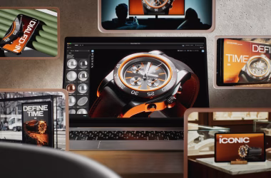 A workspace featuring a laptop displaying a watch design, surrounded by various screens showing the watch and promotional messages like 'DEFINE TIME' and 'ICONIC'. The setting has a modern, stylish aesthetic.