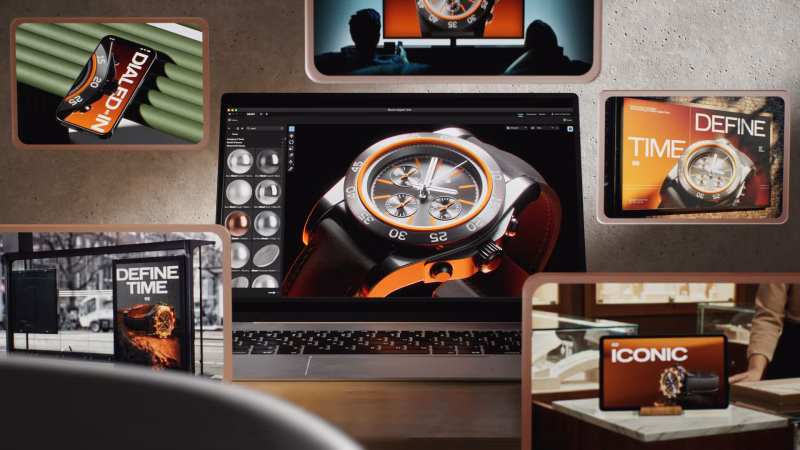 A workspace featuring a laptop displaying a watch design, surrounded by various screens showing the watch and promotional messages like 'DEFINE TIME' and 'ICONIC'. The setting has a modern, stylish aesthetic.