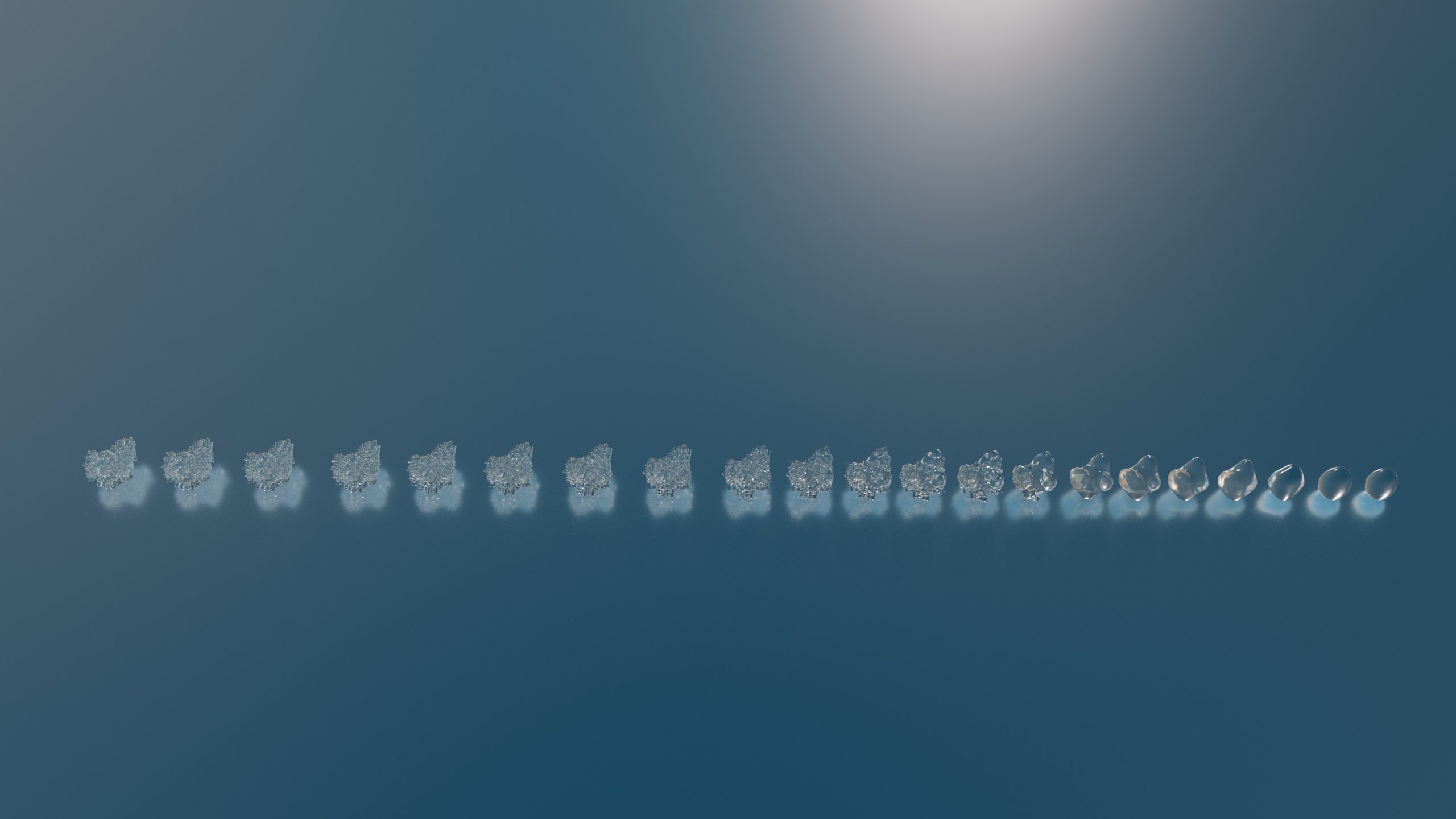 a series of whimsical cloudlike shapes in a horizontal line against a soft blue gradient background with sunlight glimmering in the top right corner digital production A series of whimsical cloud-like shapes in a horizontal line against a soft blue gradient background, with sunlight glimmering in the top right corner.