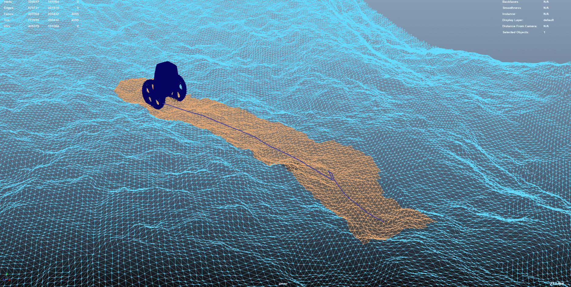 a 3d simulation of ocean waves with a submarine model on the surface the water is represented with a blue mesh surrounded by a grid pattern while the submarine is highlighted in darker colors against the wave textures digital production A 3D simulation of ocean waves with a submarine model on the surface. The water is represented with a blue mesh surrounded by a grid pattern, while the submarine is highlighted in darker colors against the wave textures.