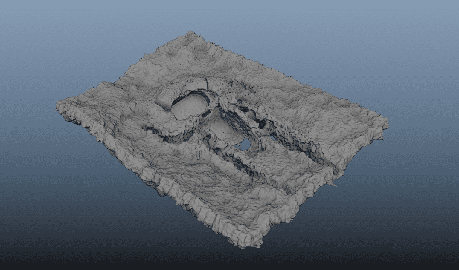 a detailed 3d model of a rugged terrain featuring concave and convex formations resembling a topographic map the surface displays intricate texture and depth variations set against a gradient blue background digital production A detailed 3D model of a rugged terrain featuring concave and convex formations, resembling a topographic map. The surface displays intricate texture and depth variations, set against a gradient blue background.