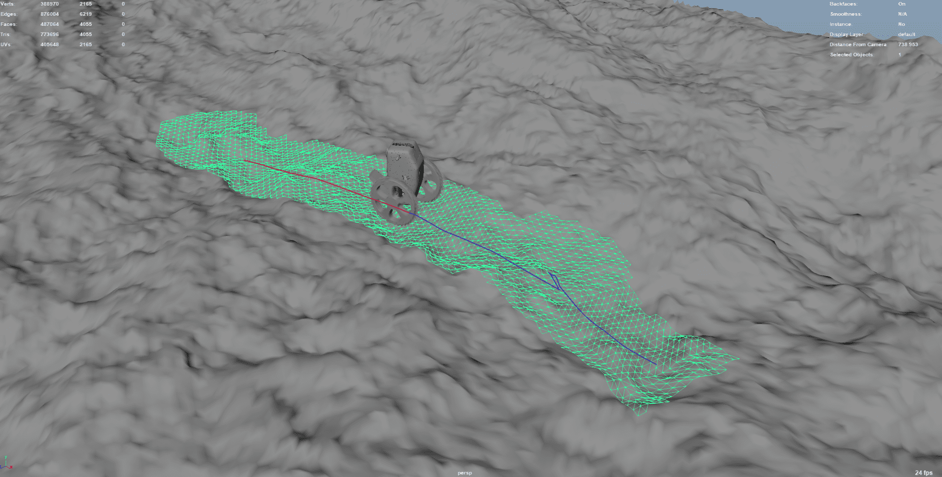 a 3d topographic map displaying mountainous terrain with a grid overlay in light green a curved blue line indicates a path across the surface with a sizable symbol or object visible in the center of the image digital production A 3D topographic map displaying mountainous terrain with a grid overlay in light green. A curved blue line indicates a path across the surface, with a sizable symbol or object visible in the center of the image.