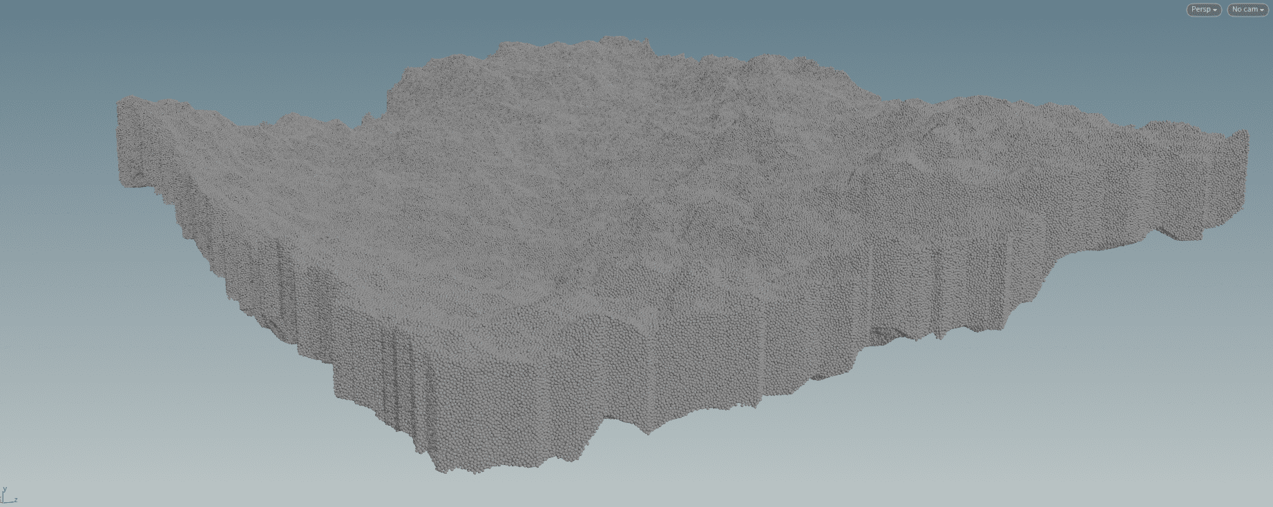 a 3d digital model of a terrain with rugged textured surfaces and varying elevations set against a gradient background that transitions from light to darker blue digital production A 3D digital model of a terrain with rugged, textured surfaces and varying elevations, set against a gradient background that transitions from light to darker blue.