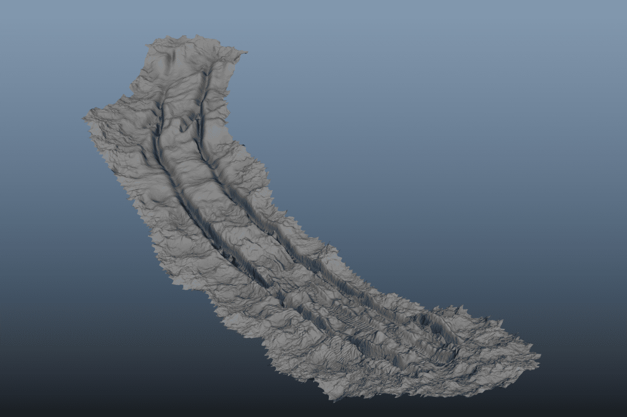 a 3d model of a rugged terrain landscape depicting valleys and ridges in grayscale the terrain has intricate patterns and contours highlighting the natural topography in a threedimensional view against a soft blue gradient background digital production A 3D model of a rugged terrain landscape, depicting valleys and ridges in grayscale. The terrain has intricate patterns and contours, highlighting the natural topography in a three-dimensional view against a soft blue gradient background.