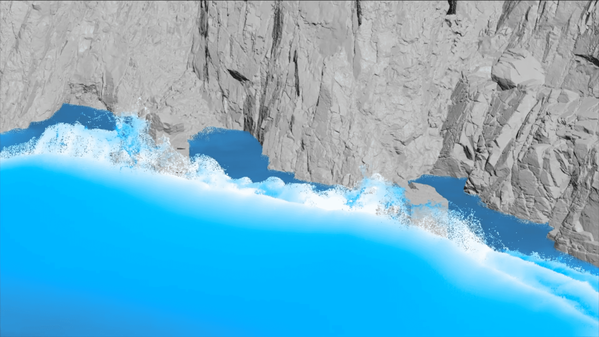 aerial view of a vibrant turquoise sea meeting rocky cliffs waves crash gently against the shore creating white foam along the waters edge the stark contrast between the blue water and the grey rock formations enhances the scenes natural beauty digital production Aerial view of a vibrant turquoise sea meeting rocky cliffs. Waves crash gently against the shore, creating white foam along the water's edge. The stark contrast between the blue water and the grey rock formations enhances the scene's natural beauty.