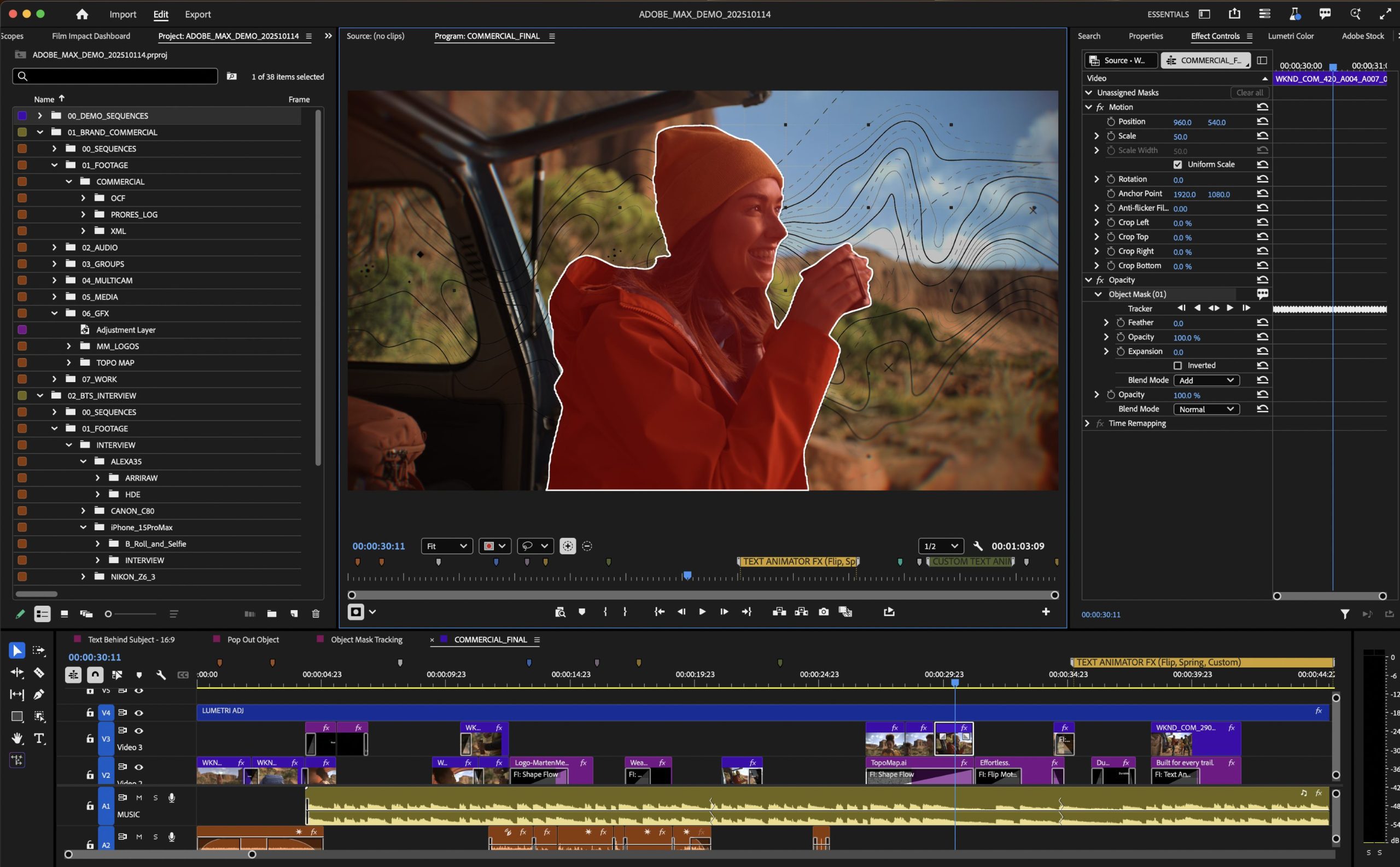 a video editing software interface displayed on a computer screen featuring a clip of a person wearing a bright orange hoodie sitting in a vehicle against a desert landscape the editing timeline and layers are visible on the screen digital production A video editing software interface displayed on a computer screen, featuring a clip of a person wearing a bright orange hoodie, sitting in a vehicle against a desert landscape. The editing timeline and layers are visible on the screen.