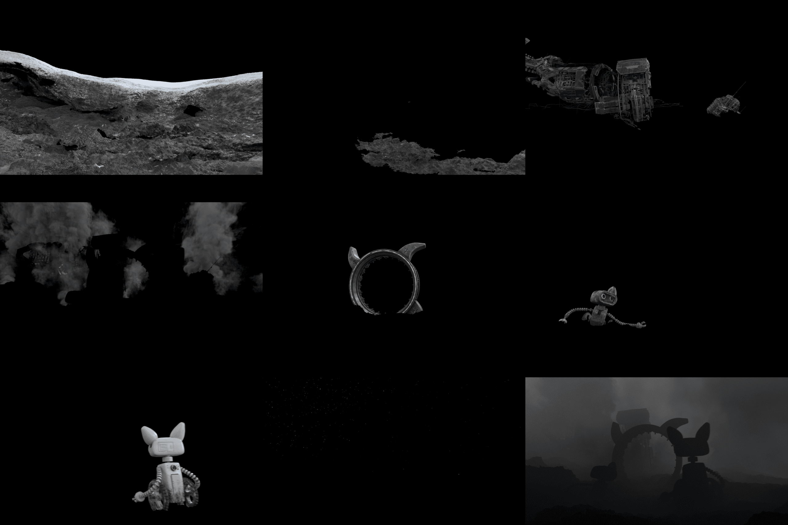 a collage of abstract black and white images featuring a lunar surface a desolate landscape with a distant spacecraft smoke plumes an alienlike artifact and a stylized figure resembling a toy set against a dark backdrop digital production A collage of abstract black and white images featuring a lunar surface, a desolate landscape with a distant spacecraft, smoke plumes, an alien-like artifact, and a stylized figure resembling a toy, set against a dark backdrop.