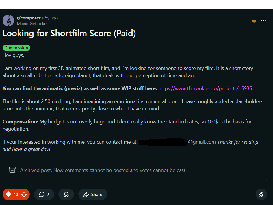 a reddit post titled looking for shortfilm score paid with a dark background the text discusses a 3d animated short film about a small robot including links to animatics and a budget proposal there are options for upvote and share below digital production A screenshot of a Reddit post by a user seeking a composer for a 3D animated short film. The post includes details about the film, its length, and contact information for potential collaborators.