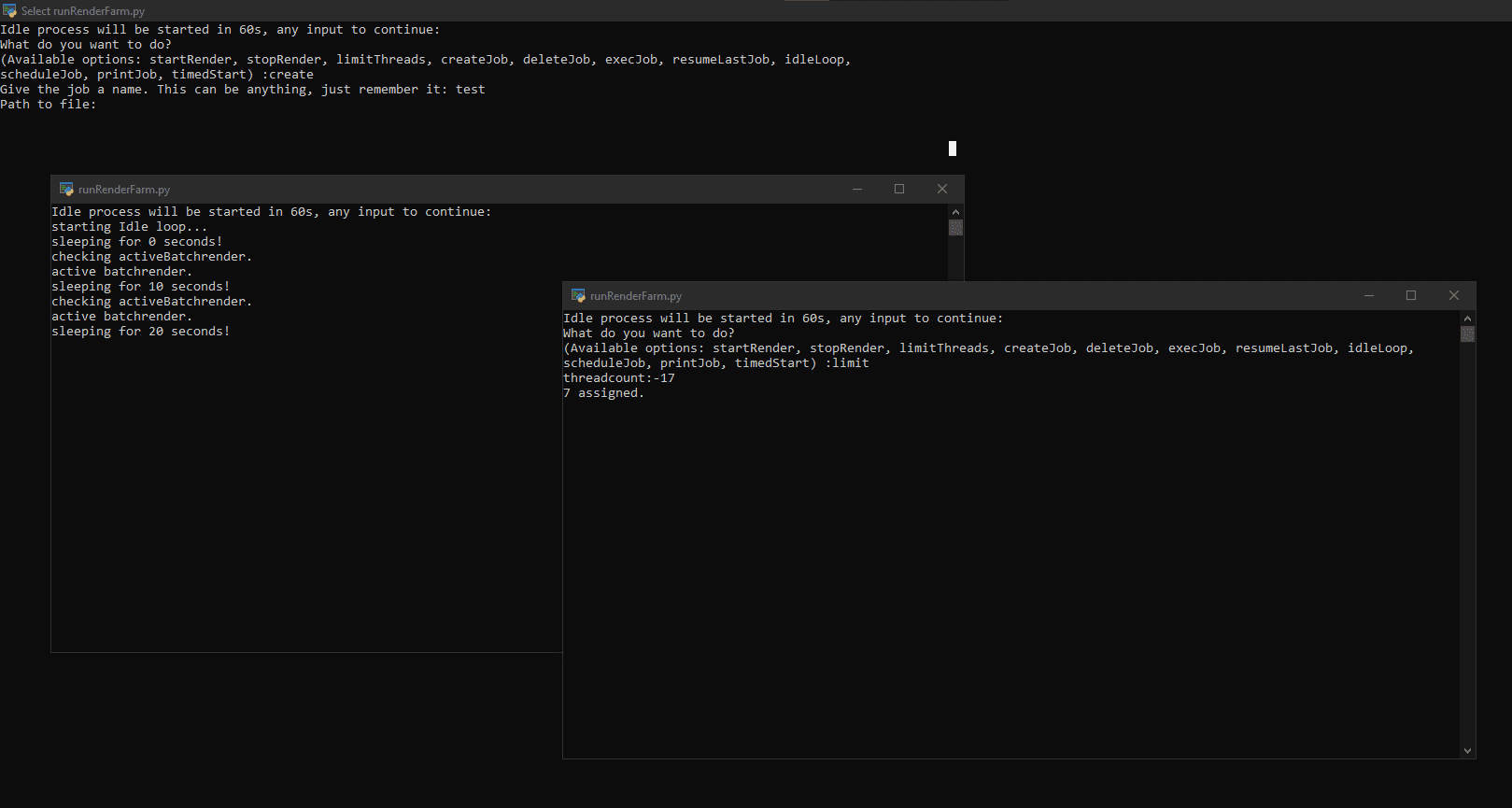 two command prompt windows displayed on a dark background the first window shows text about a process starting with various commands while the second window indicates the status and includes a time delay message digital production Two command prompt windows displayed on a dark background. The first window shows text about a process starting with various commands, while the second window indicates the status and includes a time delay message.