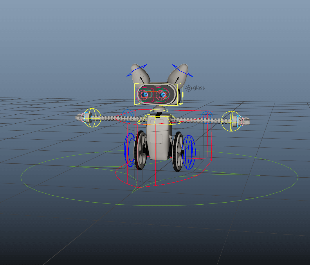 a 3d model of a cartoonish robot with large expressive eyes and ears mounted on two wheels set against a gray background the robot features colorful geometric guides indicating its rigging and animation capabilities digital production A 3D model of a cartoonish robot with large, expressive eyes and ears, mounted on two wheels, set against a gray background. The robot features colorful geometric guides indicating its rigging and animation capabilities.