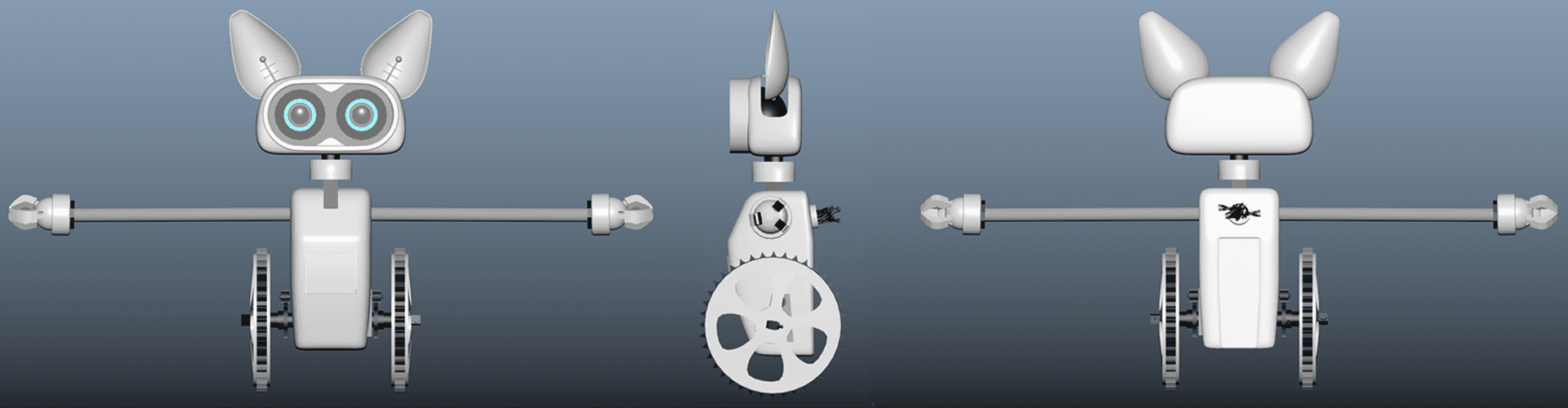 a 3d rendering of a whimsical robot character viewed from three angles the robot has a cylindrical body with two large expressive eyes wheelbased feet and catlike ears showcasing a playful and approachable design digital production A 3D rendering of a whimsical robot character viewed from three angles. The robot has a cylindrical body with two large, expressive eyes, wheel-based feet, and cat-like ears, showcasing a playful and approachable design.