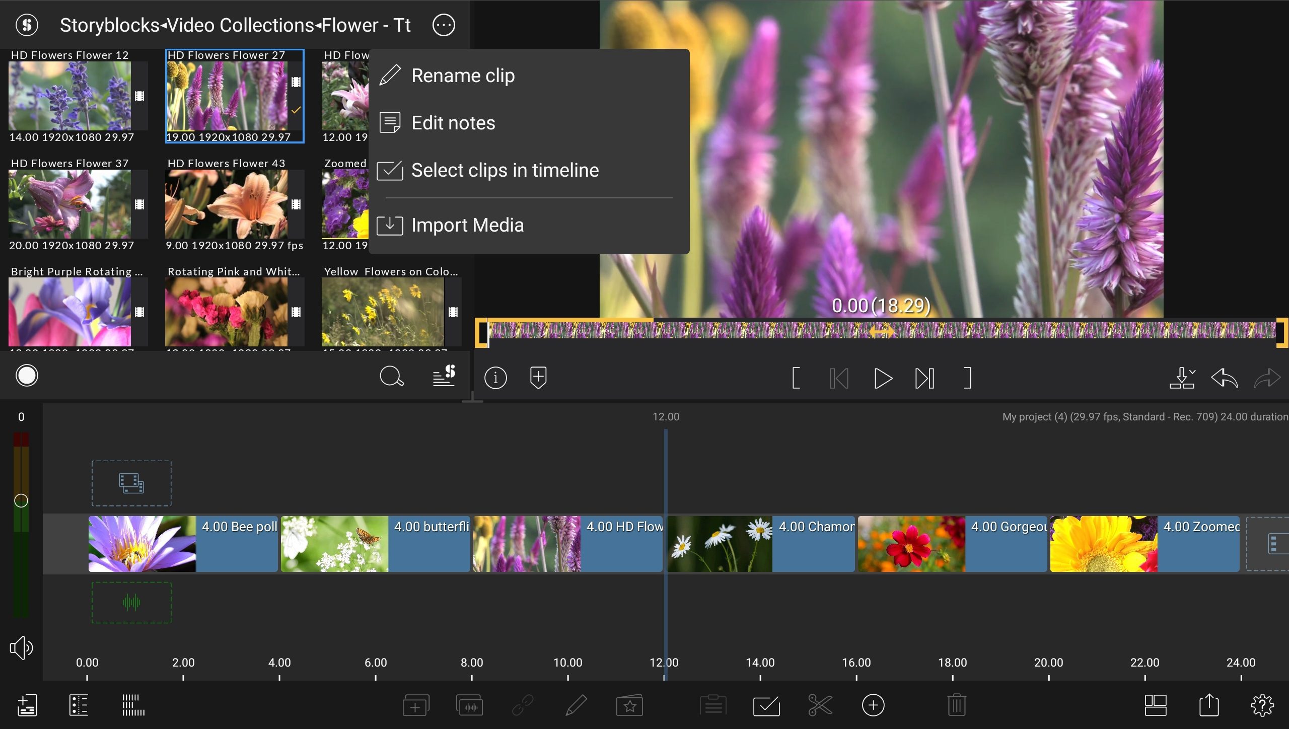 a video editing software interface displaying a timeline with clips of various colorful flowers on the left thumbnail previews of flower videos are visible along with a dropdown menu offering options like rename clip and import media digital production A video editing software interface displaying a timeline with clips of various colorful flowers. On the left, thumbnail previews of flower videos are visible, along with a dropdown menu offering options like 'Rename clip' and 'Import Media'.