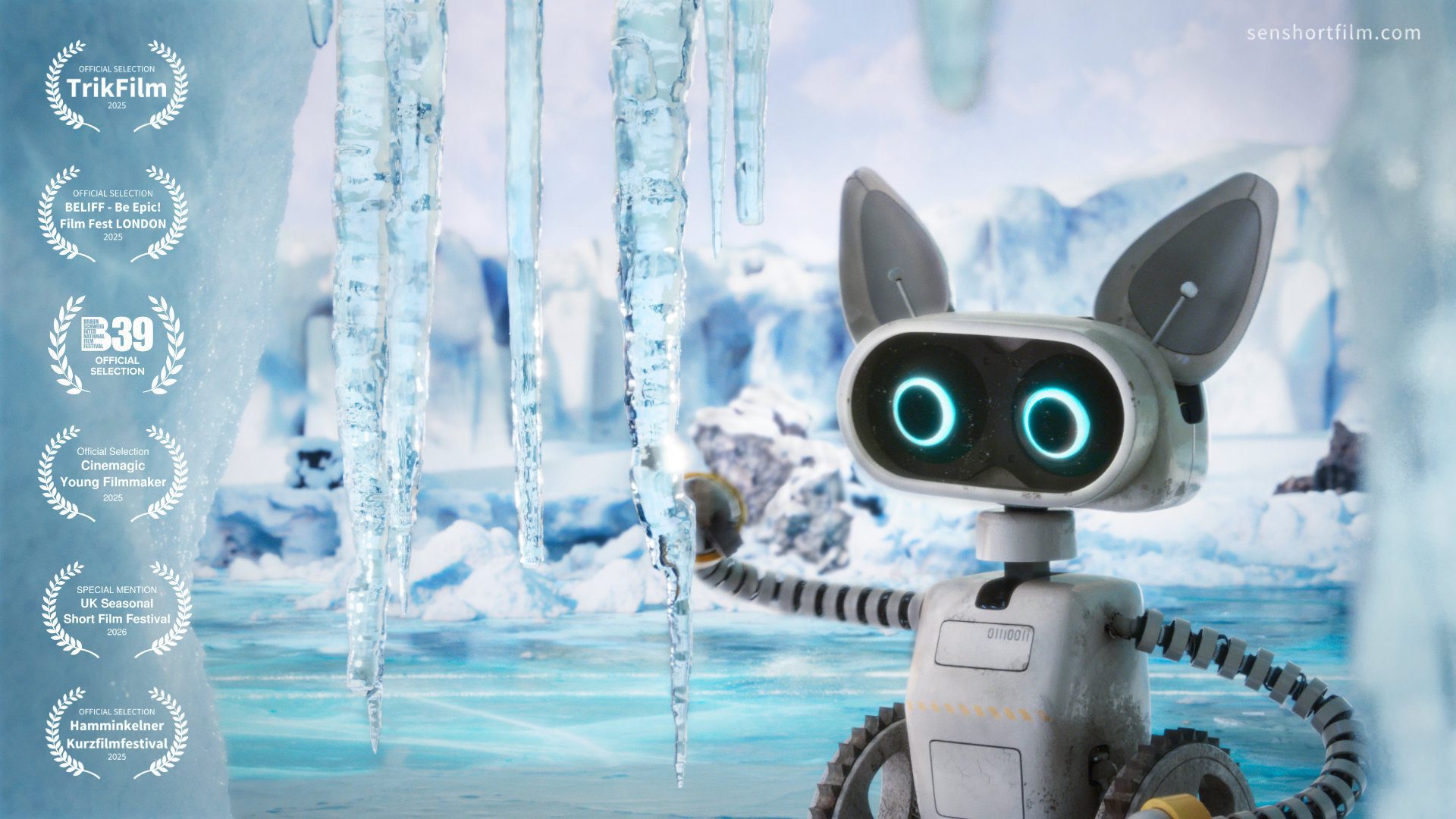 a small friendly robot with large expressive eyes stands in an icy landscape surrounded by icicles and blue ice formations the robot has catlike ears and an inviting presence digital production A small, friendly robot with large, expressive eyes stands in an icy landscape, surrounded by icicles and blue ice formations. The robot has cat-like ears and an inviting presence.
