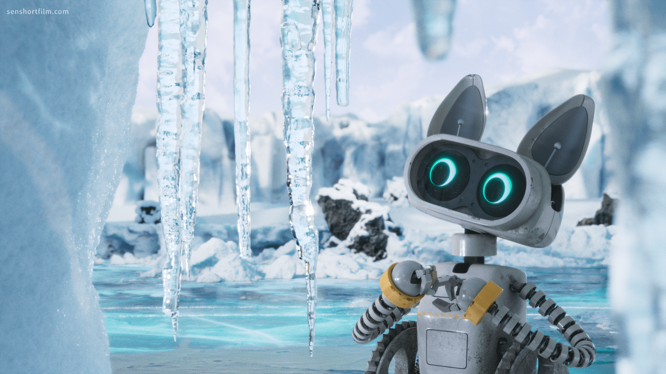a whimsical robot with large blue eyes and catlike ears stands on an icy landscape surrounded by towering ice formations and hanging icicles the sky is clear with a hint of cloud adding a vibrant backdrop to the frosty setting digital production A whimsical robot with large blue eyes and cat-like ears stands on an icy landscape, surrounded by towering ice formations and hanging icicles. The sky is clear with a hint of cloud, adding a vibrant backdrop to the frosty setting.