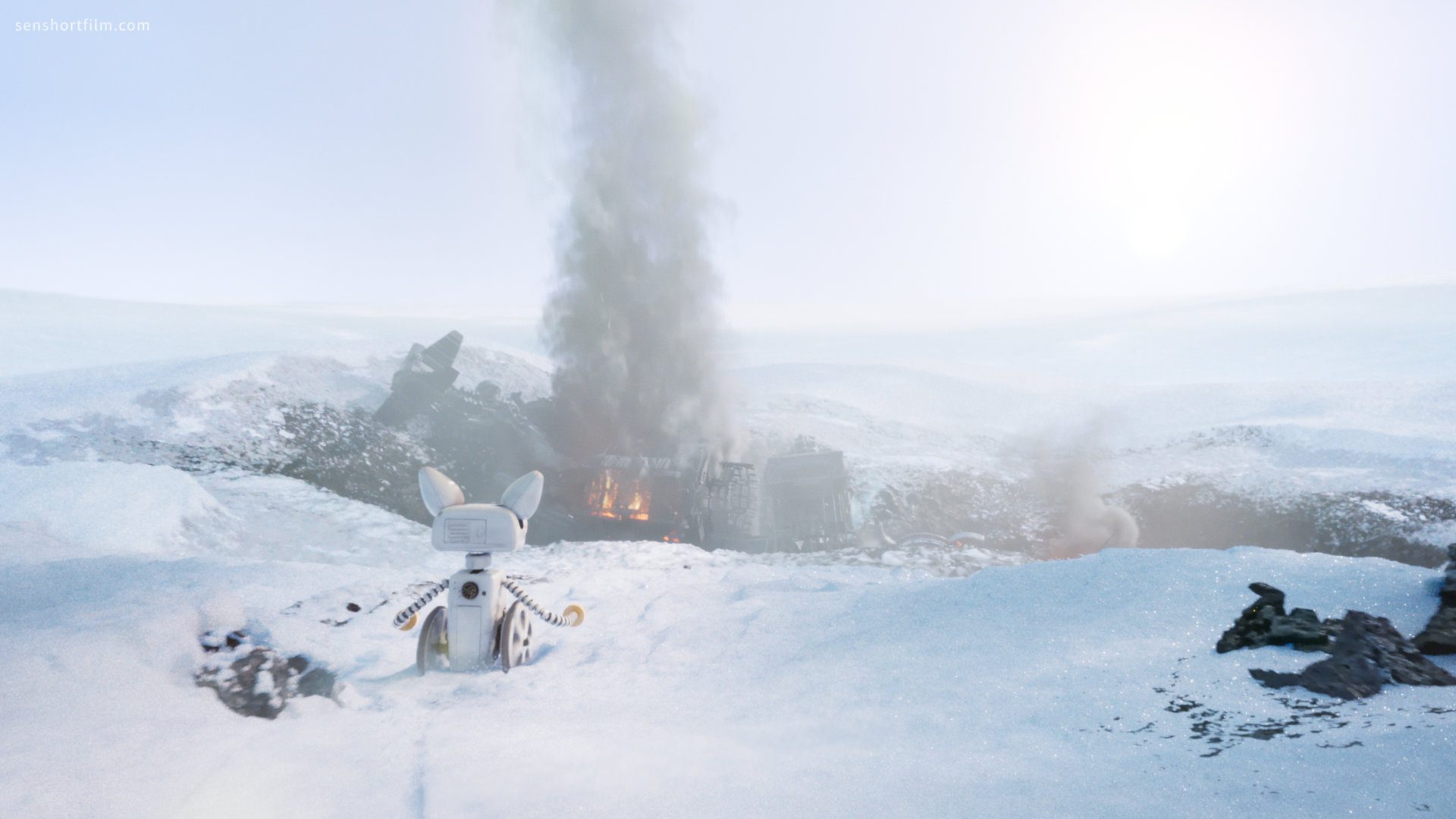 a robotic figure stands in a snowy landscape facing a smoldering wreckage in the distance thick smoke rises from the ruins contrasting against the bright cold horizon digital production A robotic figure stands in a snowy landscape, facing a smoldering wreckage in the distance. Thick smoke rises from the ruins, contrasting against the bright, cold horizon.