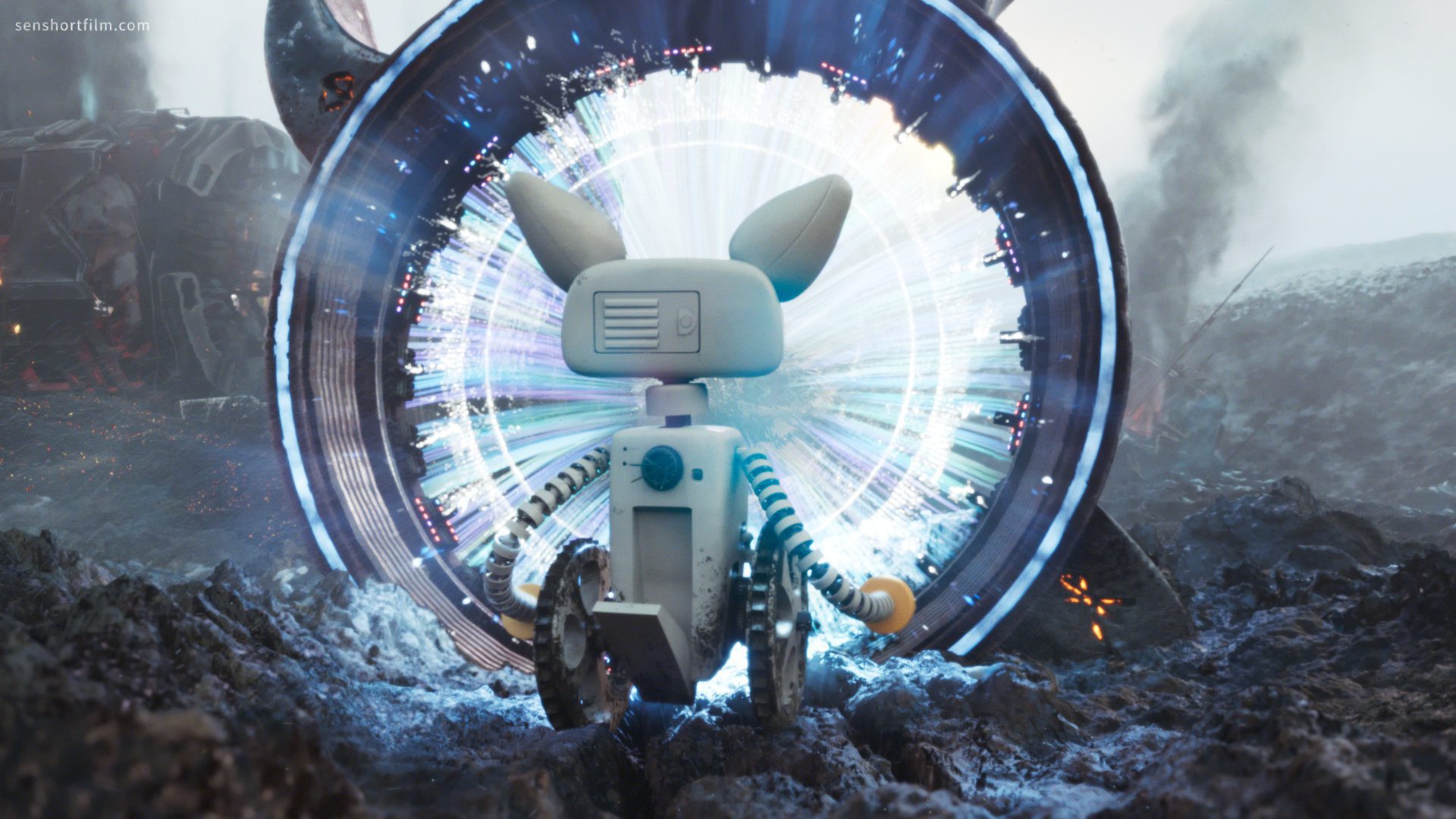a small robotic character standing in front of a glowing circular portal surrounded by rocky terrain the portal emits bright swirling lights creating a futuristic atmosphere digital production A small, robotic character standing in front of a glowing circular portal, surrounded by rocky terrain. The portal emits bright, swirling lights, creating a futuristic atmosphere.
