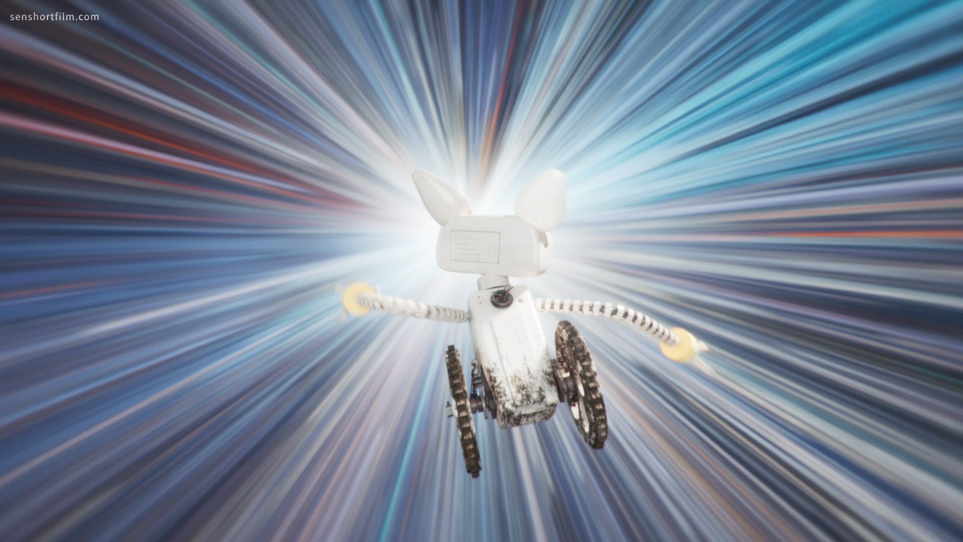 a whimsical robot with a rounded body and large ears propelled through a vibrant burst of light creating a sense of motion and speed against a backdrop of colorful streaks digital production A whimsical robot with a rounded body and large ears, propelled through a vibrant burst of light, creating a sense of motion and speed against a backdrop of colorful streaks.