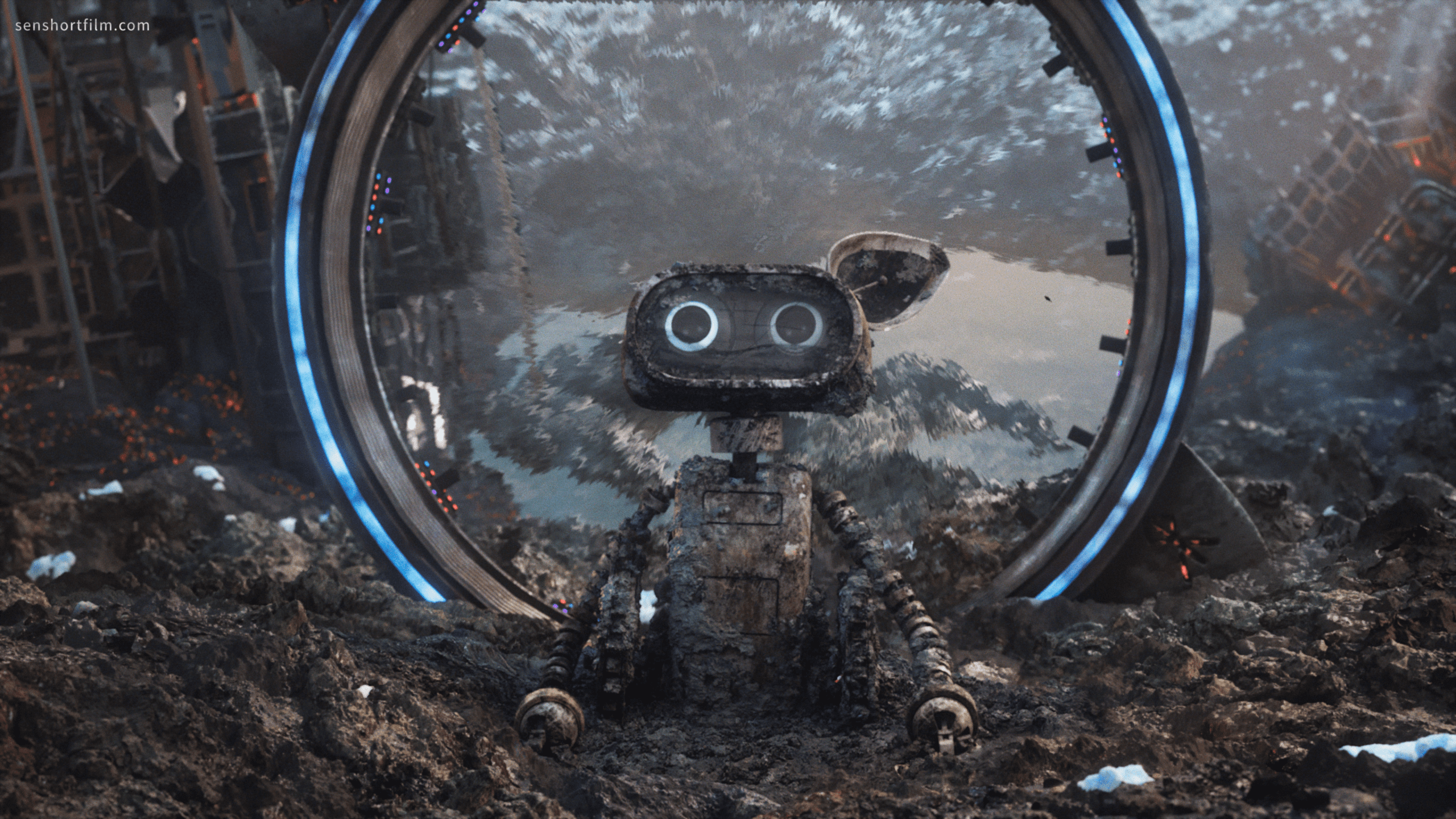 a small rusty robot with big round eyes sits on a rocky debrisstrewn landscape a futuristic circular portal with blue lights frames the background where remnants of broken structures are visible the scene conveys a postapocalyptic environment digital production A small, rusty robot with big round eyes sits on a rocky, debris-strewn landscape. A futuristic circular portal with blue lights frames the background, where remnants of broken structures are visible. The scene conveys a post-apocalyptic environment.