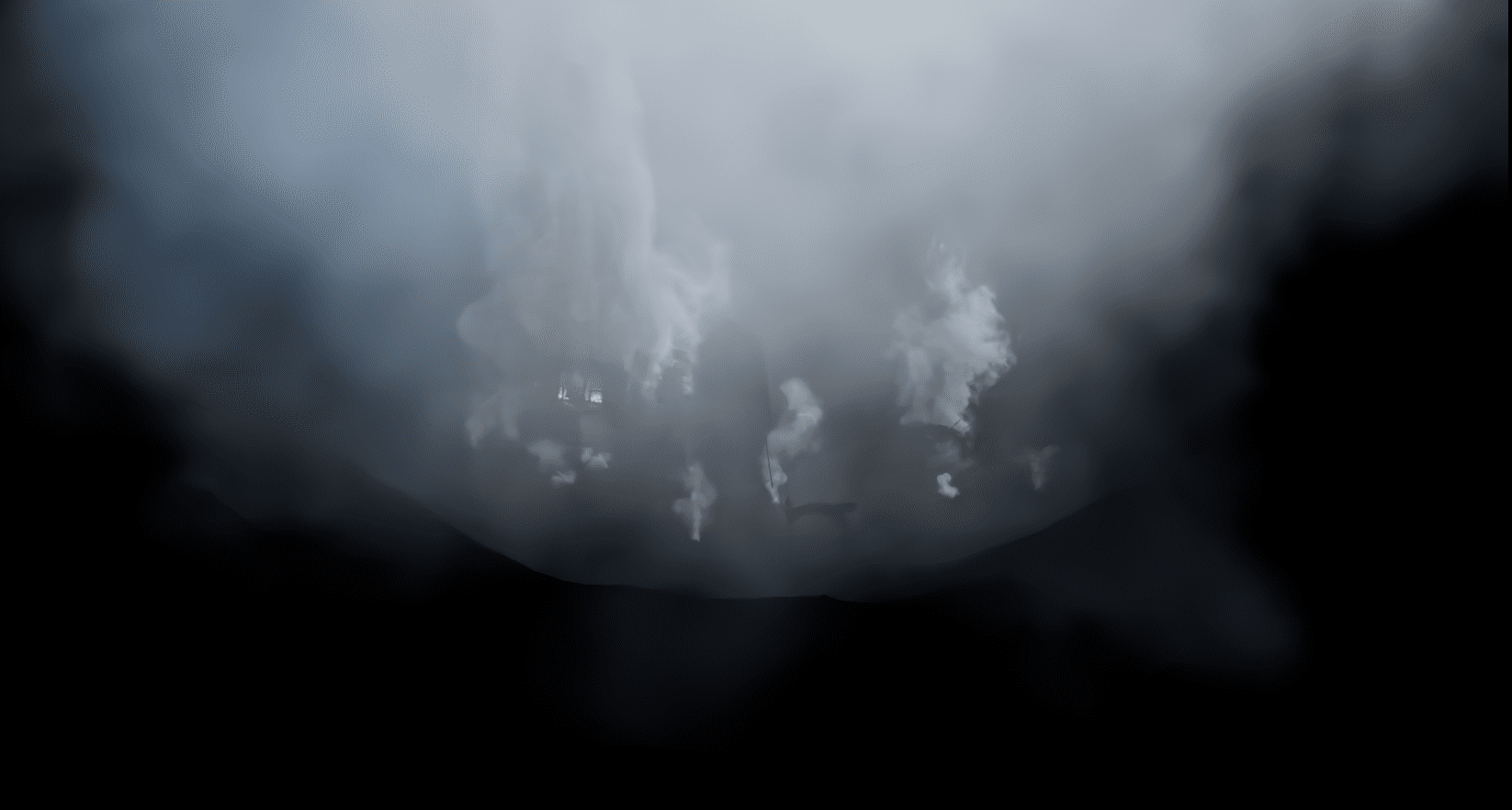 a dark scene shrouded in thick swirling gray mist with faint outlines of billowing smoke rising from an unseen source in the background the atmosphere creates an air of mystery and depth digital production A dark scene shrouded in thick, swirling gray mist, with faint outlines of billowing smoke rising from an unseen source in the background. The atmosphere creates an air of mystery and depth.