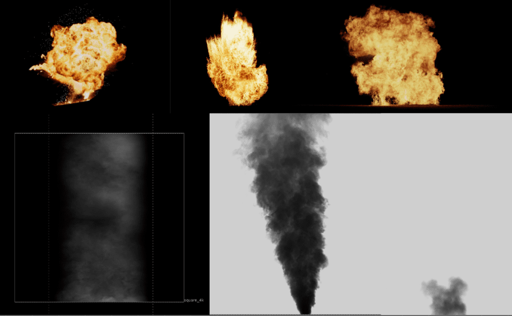 a collection of dynamic fire and smoke effects including multiple flames in different sizes and a tall plume of dark smoke all set against a black background showcasing vibrant orange and yellow flames digital production A collection of dynamic fire and smoke effects, including multiple flames in different sizes and a tall plume of dark smoke, all set against a black background, showcasing vibrant orange and yellow flames.