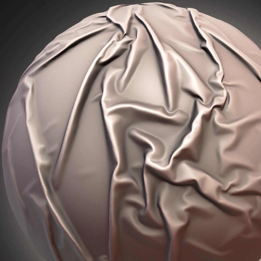 a 3d rendering of a smooth sphere covered with textured wrinkled fabric highlighting the folds and contours of the material under soft lighting digital production A 3D rendering of a smooth sphere covered with textured, wrinkled fabric, highlighting the folds and contours of the material under soft lighting.