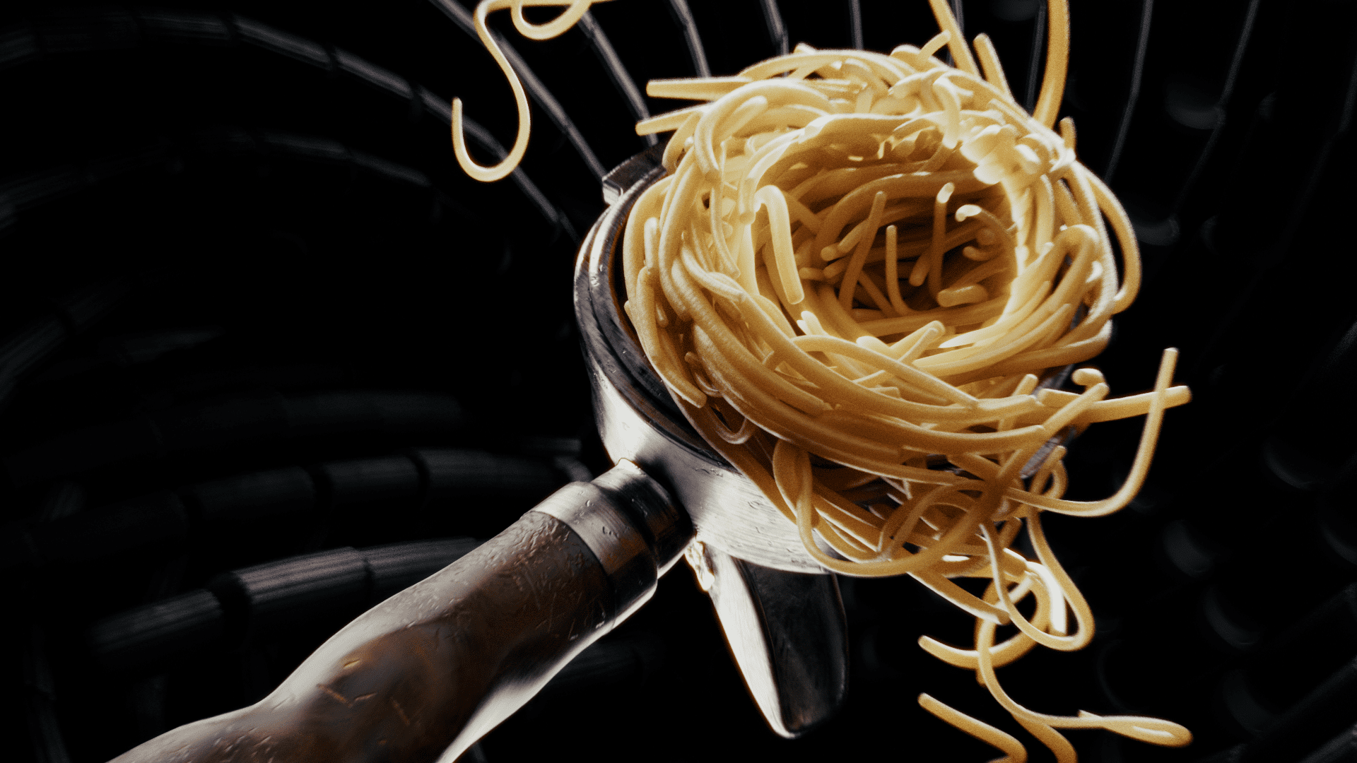 a closeup of a metal spaghetti scoop holding a swirl of cooked spaghetti noodles with a dark blurred background that enhances the focus on the pasta digital production A close-up of a metal spaghetti scoop holding a swirl of cooked spaghetti noodles, with a dark, blurred background that enhances the focus on the pasta.