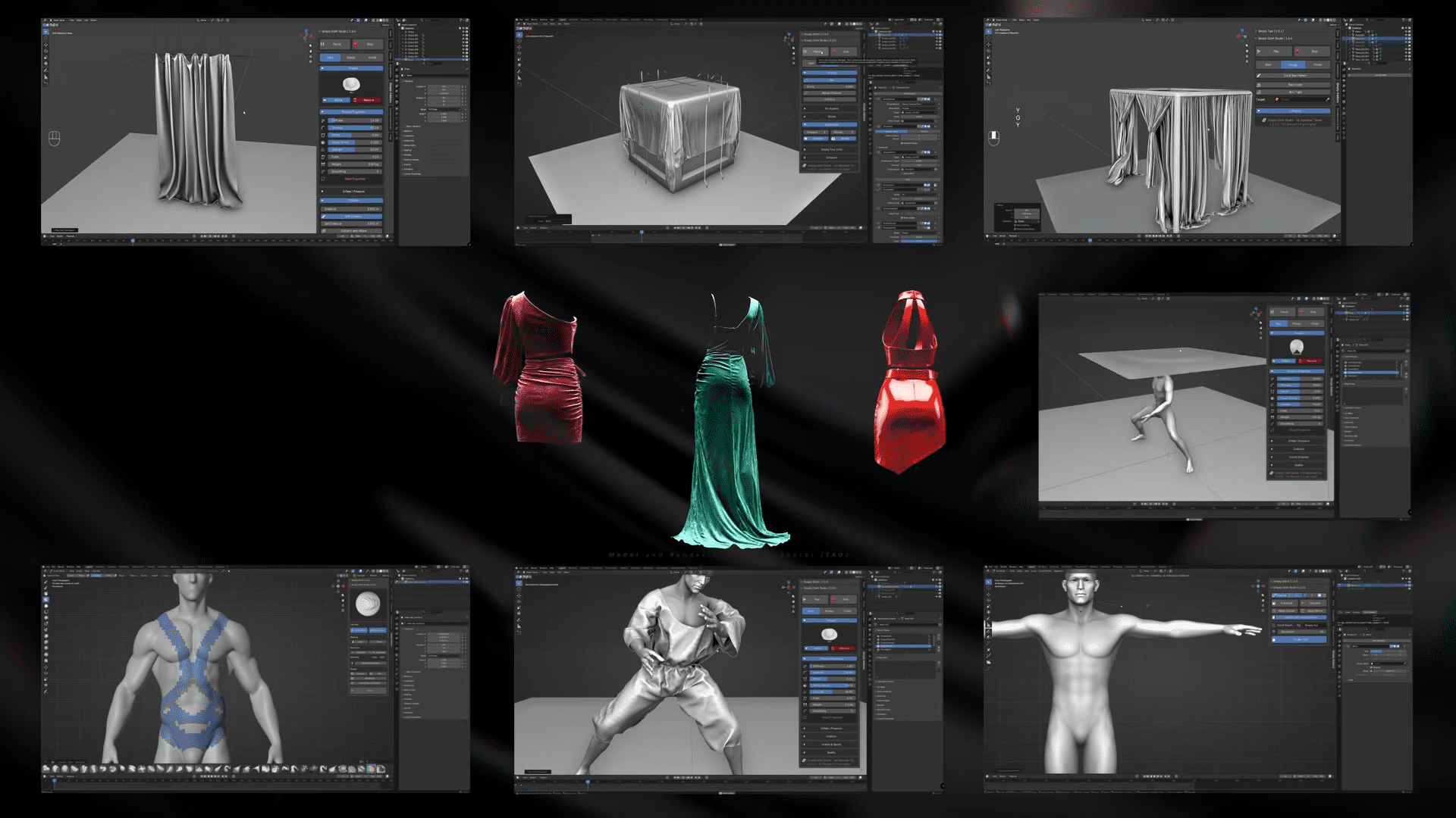 a collage of digital fashion designs showcasing various clothing items including flowing dresses and a muscular male model displayed on a graphic design software interface with gray backgrounds digital production A collage of digital fashion designs showcasing various clothing items, including flowing dresses and a muscular male model, displayed on a graphic design software interface with gray backgrounds.