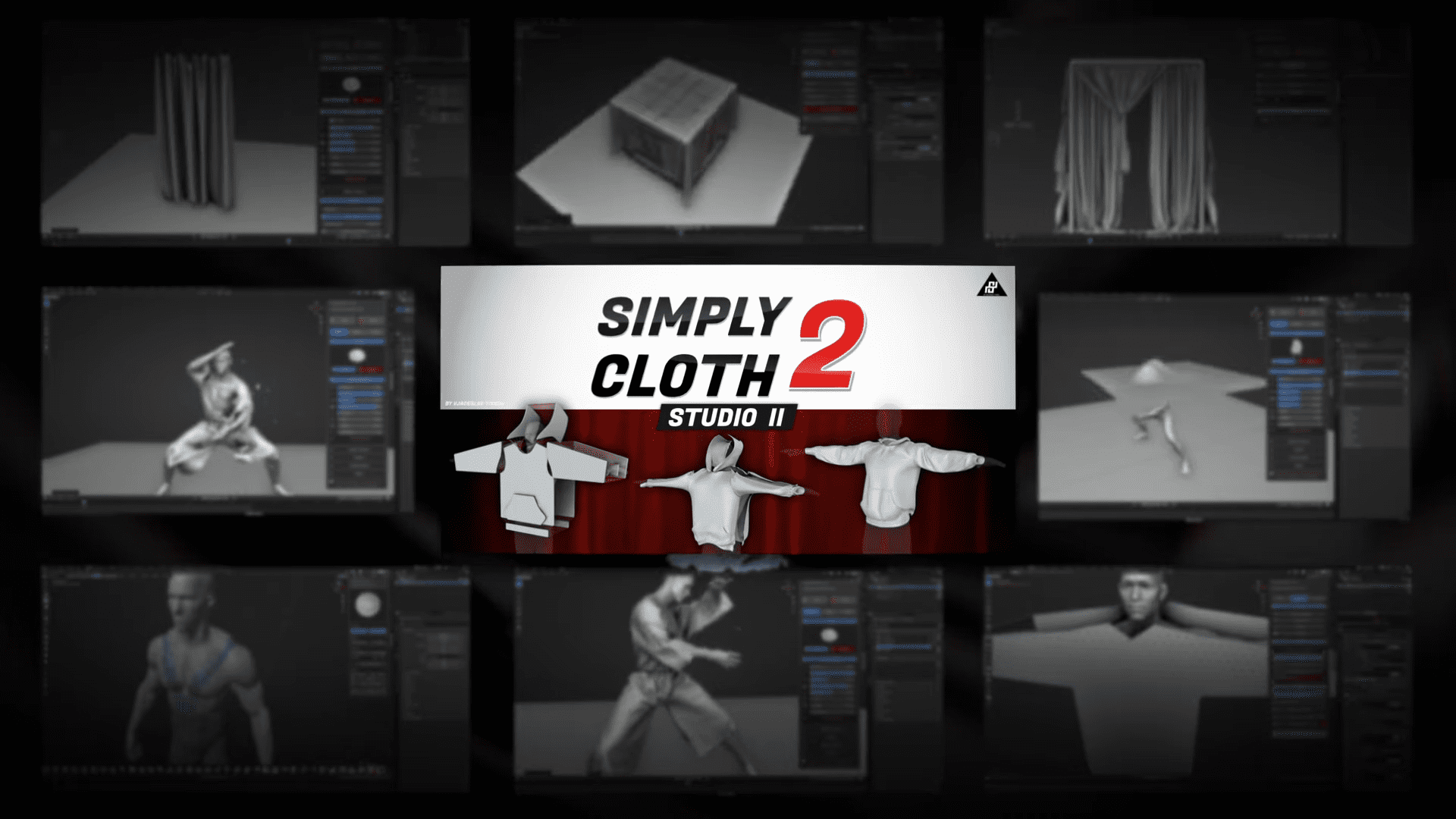 a promotional graphic for simply cloth 2 featuring a central logo with images of various 3d modeled clothing items and drapery displayed in a grid format behind it showcasing the softwares capabilities in cloth simulation digital production A promotional graphic for 'Simply Cloth 2' featuring a central logo with images of various 3D modeled clothing items and drapery displayed in a grid format behind it, showcasing the software's capabilities in cloth simulation.