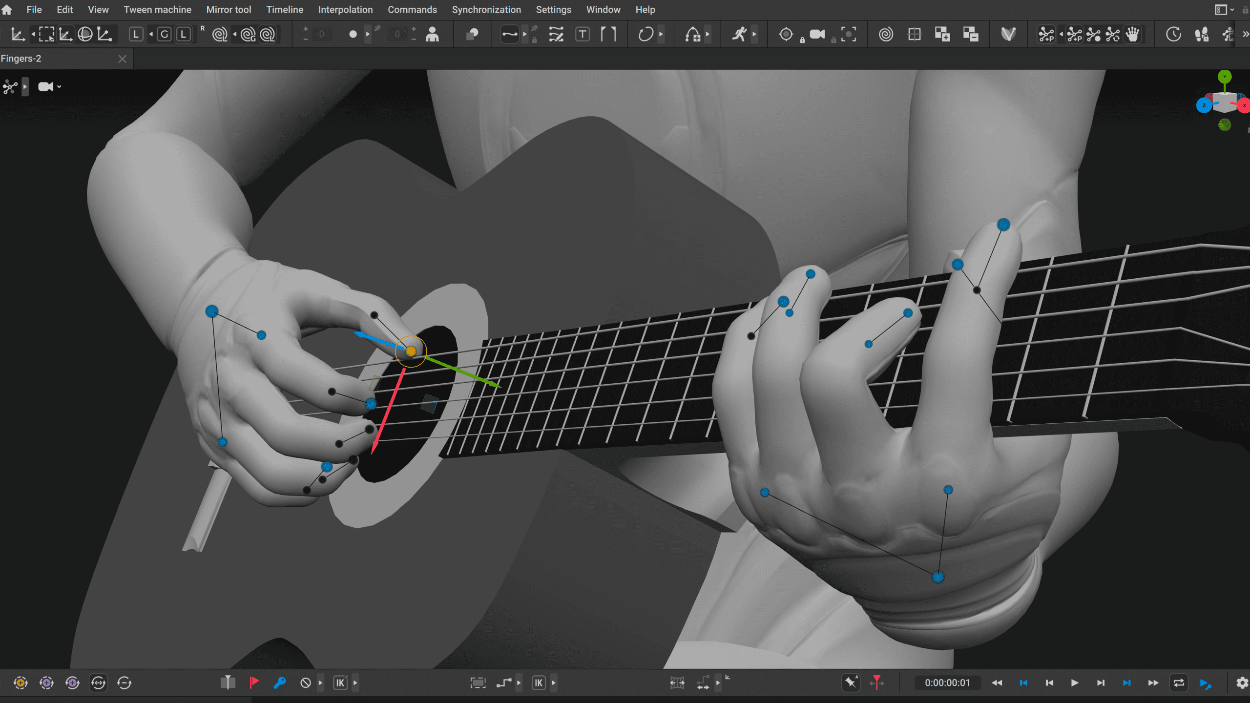 a digitallyrendered image of a persons hands playing a guitar focusing on the fingers positioned on the fretboard and strings the scene includes 3d wireframe elements and markers indicating joint movements digital production A digitally-rendered image of a person's hands playing a guitar, focusing on the fingers positioned on the fretboard and strings. The scene includes 3D wireframe elements and markers indicating joint movements.