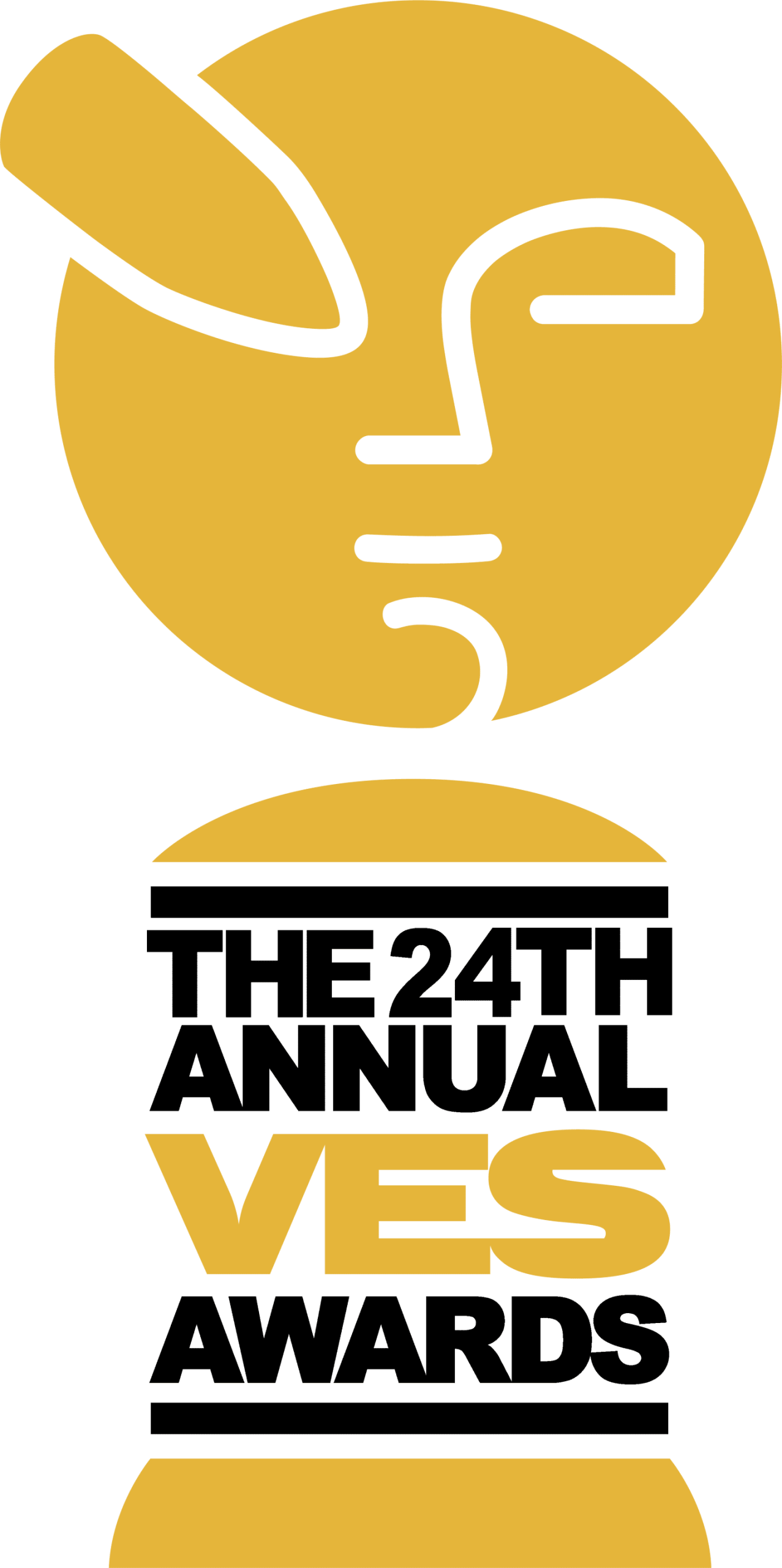 a gold logo featuring an abstract face design with a hand touching the forehead above the text ves awards in bold stylized font the overall design conveys a theme of recognition and achievement digital production https://vesglobal.org/wp-content/uploads/2025/07/24th-Annual-VES-Logo-black-scaled.png