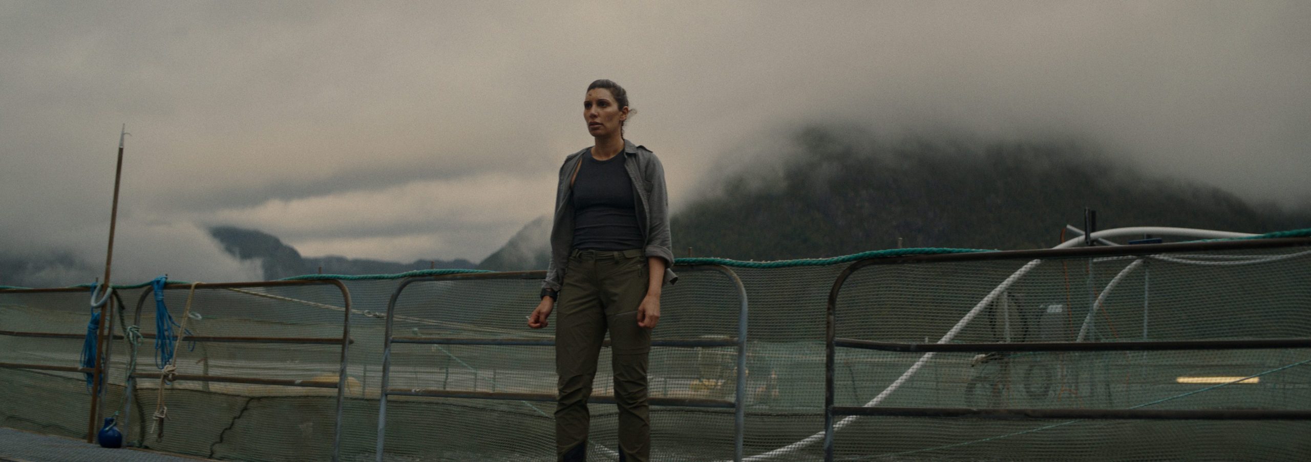 a woman standing on a dock with mountains and fog in the background wearing a dark top and olive green pants the atmosphere is overcast enhancing the sense of isolation in the rugged landscape digital production A woman standing on a dock with mountains and fog in the background, wearing a dark top and olive green pants. The atmosphere is overcast, enhancing the sense of isolation in the rugged landscape.