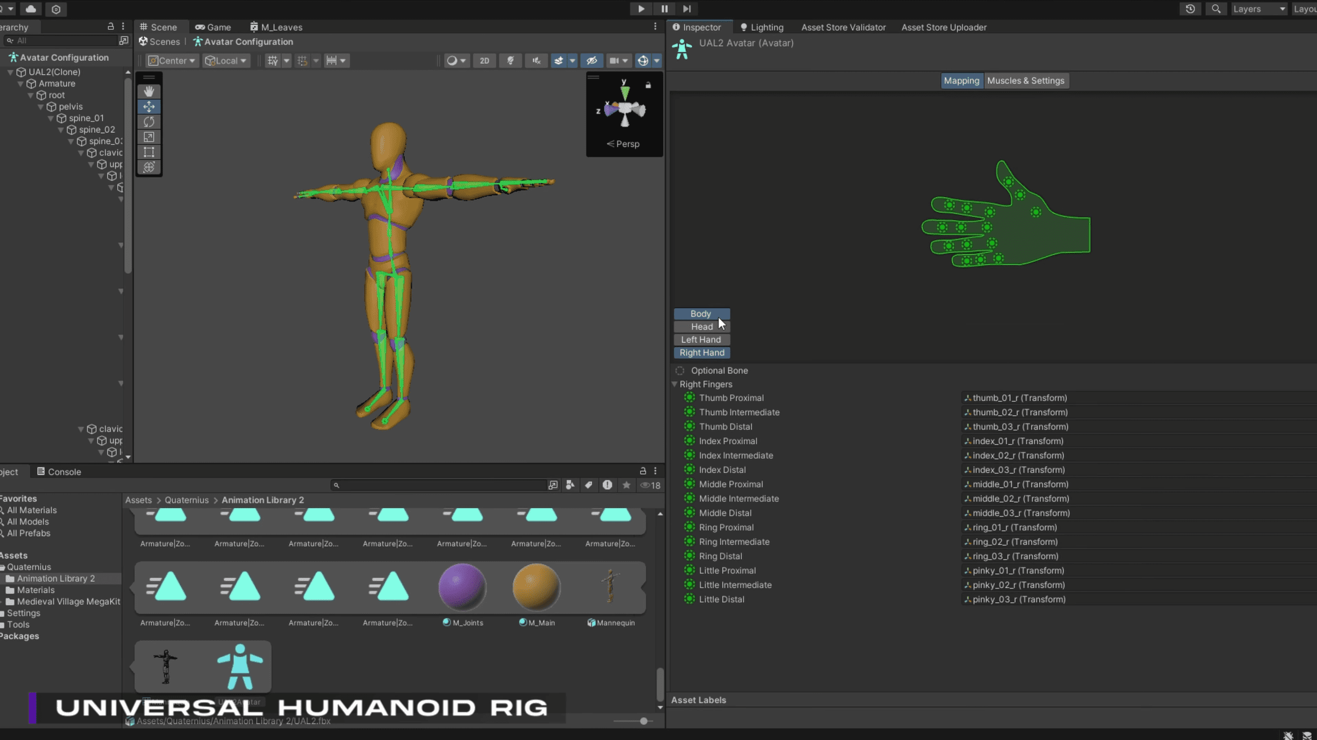 3d animation software interface displaying a universal humanoid rig with an articulated mannequin in the center the left panel shows various geometric shapes while the right panel lists hand joint settings with a green rendered hand digital production 3D animation software interface displaying a universal humanoid rig with an articulated mannequin in the center. The left panel shows various geometric shapes, while the right panel lists hand joint settings with a green rendered hand.
