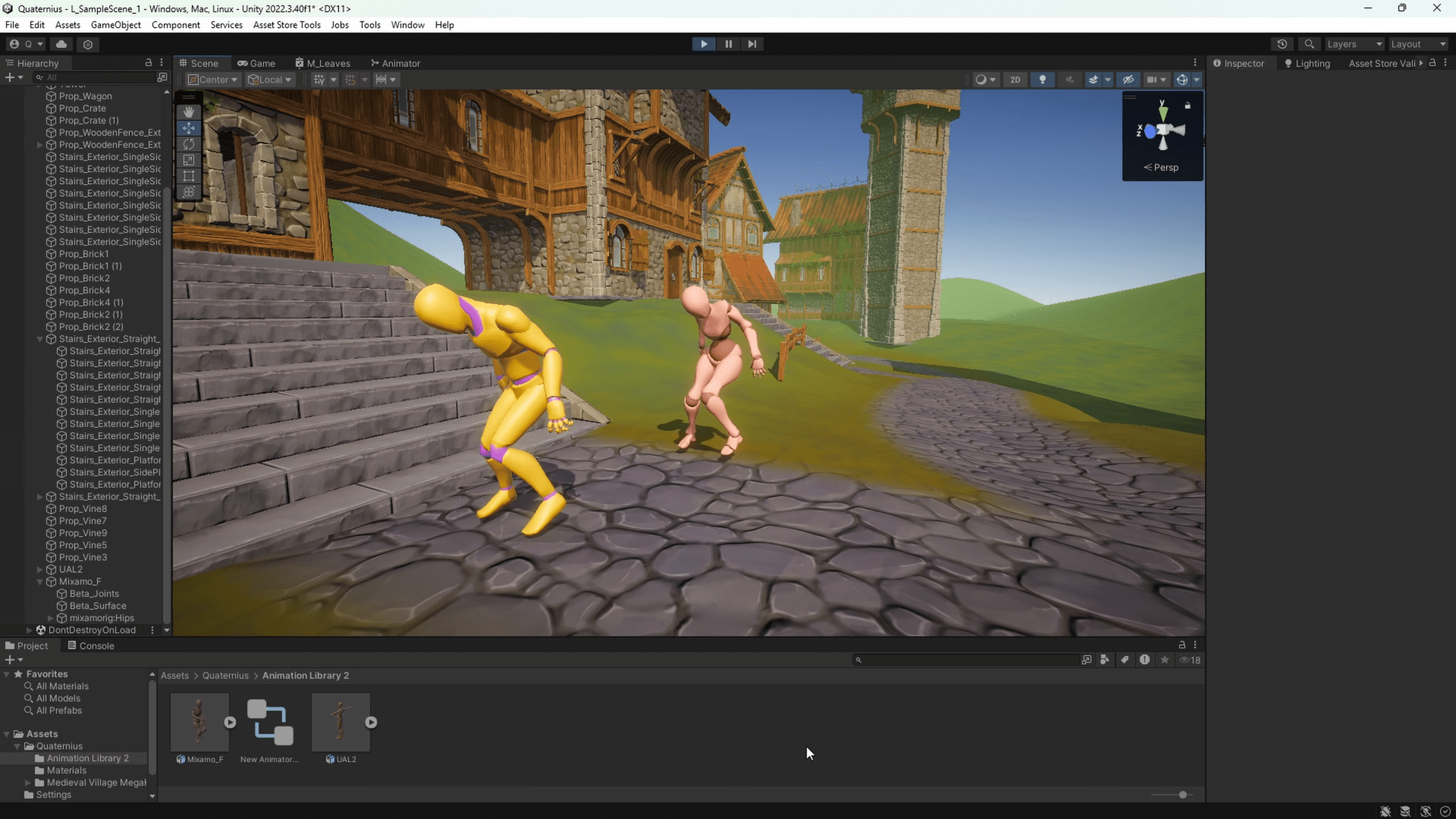 a 3d animation scene in a game development software environment featuring two animated figures one yellow and one pink walking on a cobblestone path near a medievalstyle building the background includes green hills and a blue sky digital production A 3D animation scene in a game development software environment, featuring two animated figures, one yellow and one pink, walking on a cobblestone path near a medieval-style building. The background includes green hills and a blue sky.