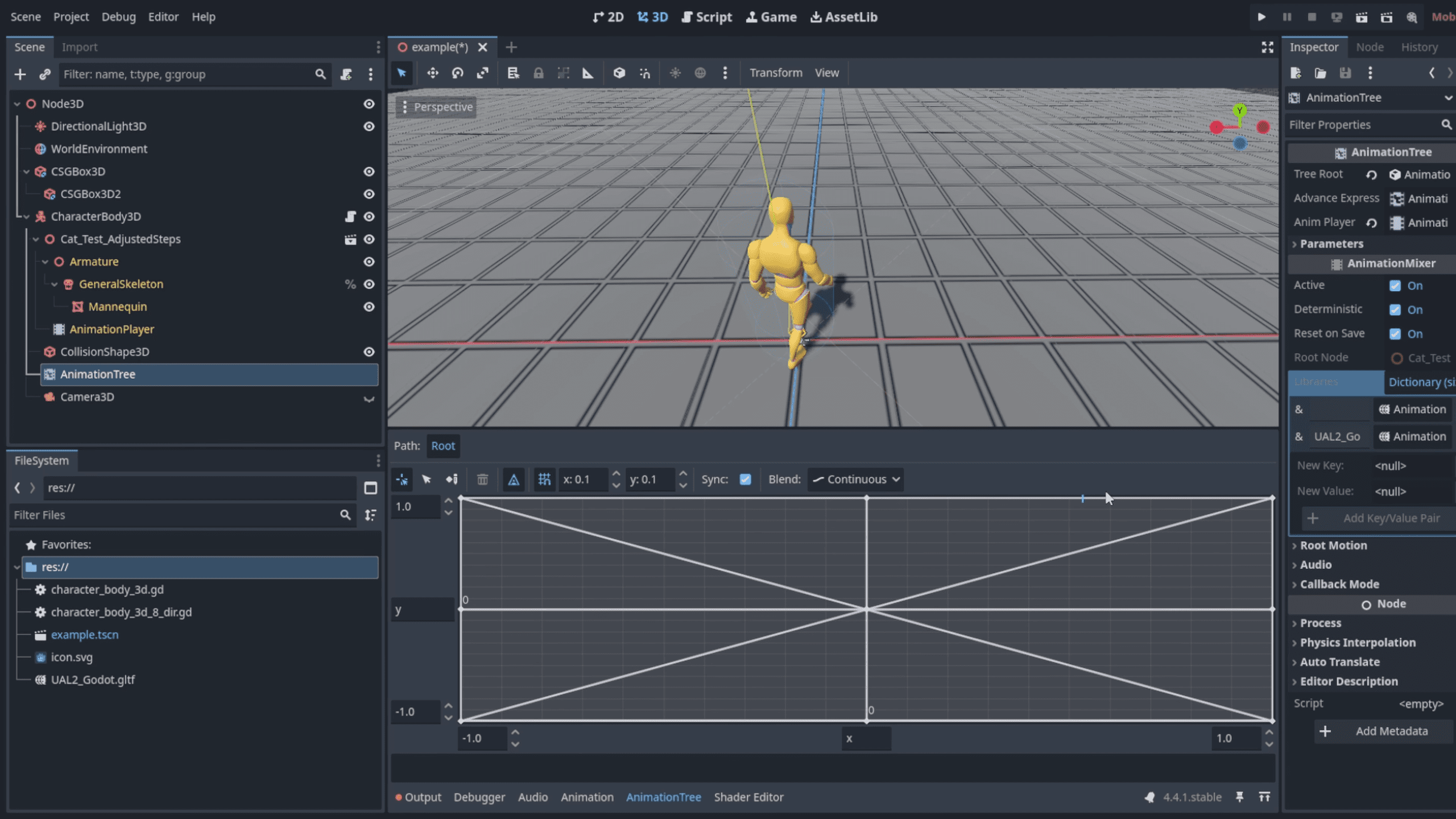 a screenshot of a game development interface displaying a 3d character model in motion the workspace features a grid background and various panels showcasing properties and animations on the left and bottom sections digital production A screenshot of a game development interface displaying a 3D character model in motion. The workspace features a grid background and various panels showcasing properties and animations on the left and bottom sections.