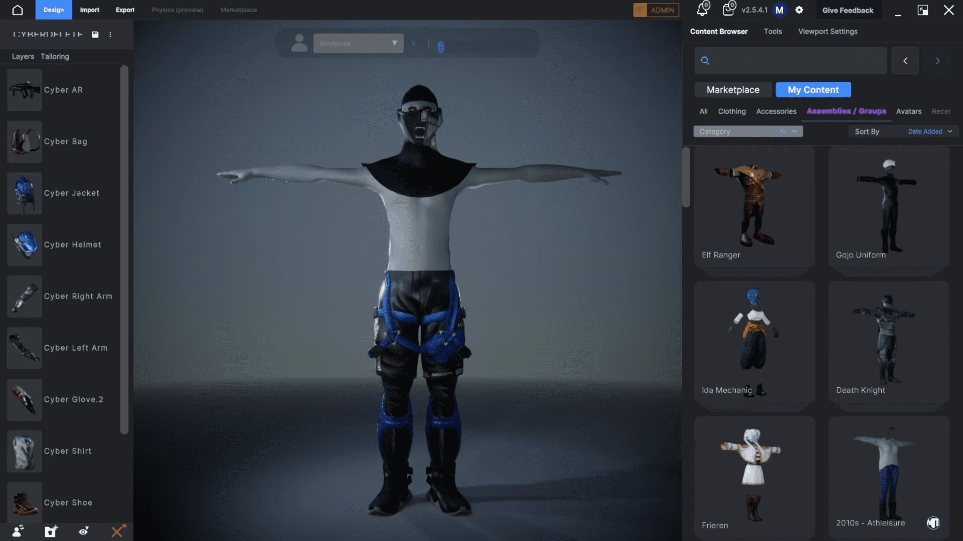 a 3d character model displayed in a design interface showcasing a humanoid figure in a futuristic outfit with blue and black attire arms outstretched against a dimly lit background on the right a menu lists various customizable clothing options digital production A 3D character model displayed in a design interface, showcasing a humanoid figure in a futuristic outfit, with blue and black attire, arms outstretched, against a dimly lit background. On the right, a menu lists various customizable clothing options.