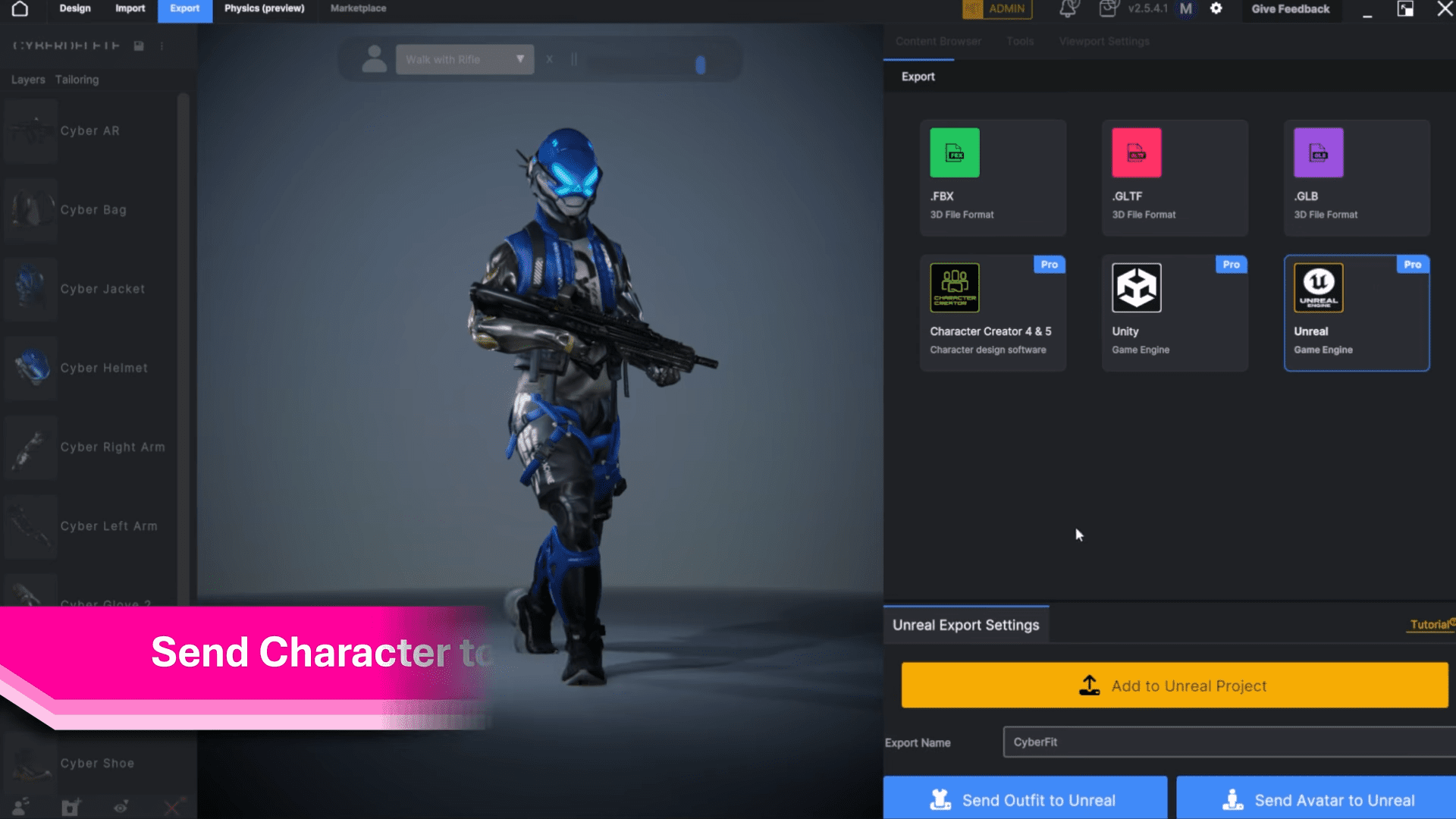 a digital character model in futuristic blue armor holding a weapon stands in a neutral pose against a light background on the right options for exporting the character to various formats are displayed including buttons for unreal engine digital production A digital character model in futuristic blue armor, holding a weapon, stands in a neutral pose against a light background. On the right, options for exporting the character to various formats are displayed, including buttons for Unreal Engine.