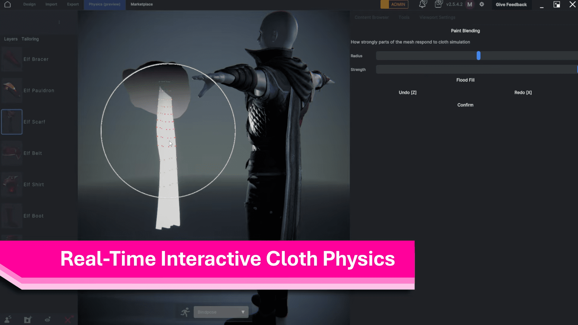 a digital figure wearing a black coat with a flowing white scarf highlighted in a circular interface the user interface displays options for cloth simulation settings on the right with a bold text banner at the bottom stating realtime interactive cloth physics digital production A digital figure wearing a black coat with a flowing white scarf highlighted in a circular interface. The user interface displays options for cloth simulation settings on the right, with a bold text banner at the bottom stating 'Real-Time Interactive Cloth Physics.'