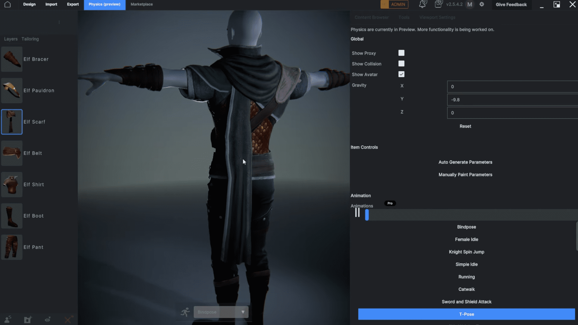 a digital character model stands with its back facing the viewer showcasing a cloak and armor details the user interface displays various design options including clothing items like bracers gauntlets and animations for the character digital production A digital character model stands with its back facing the viewer, showcasing a cloak and armor details. The user interface displays various design options, including clothing items like bracers, gauntlets, and animations for the character.