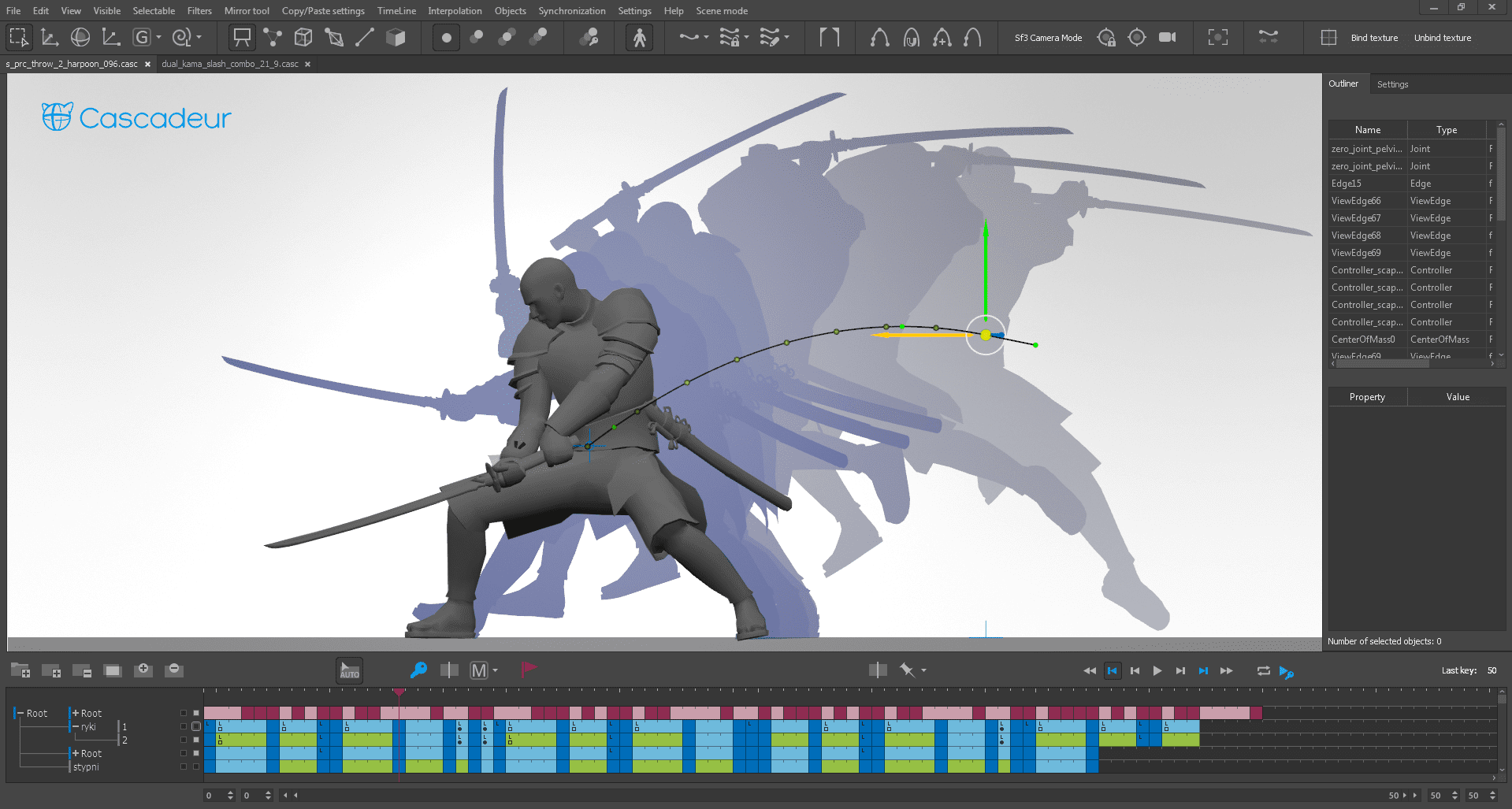 a computer screen displaying an animated character in a martial arts pose wielding a sword the interface shows animation tools and a timeline at the bottom with a shadow of the character behind the logo cascadeur is visible in the upper left digital production A computer screen displaying an animated character in a martial arts pose, wielding a sword. The interface shows animation tools and a timeline at the bottom, with a shadow of the character behind. The logo 'Cascadeur' is visible in the upper left.