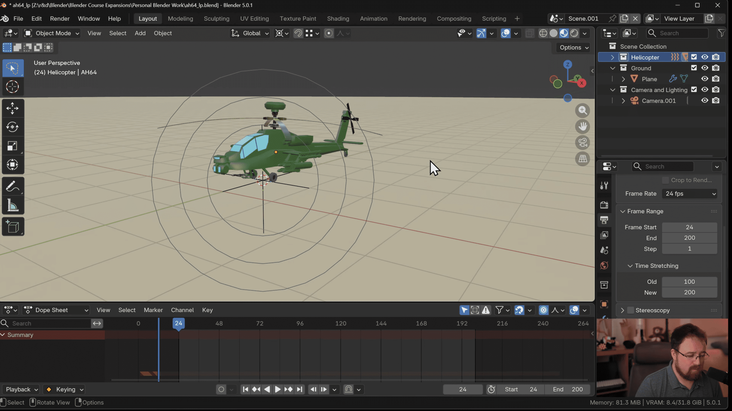 a green helicopter model displayed in the 3d modeling software blender shown from a front view on a light grid background the workspace includes various tool panels and timeline controls at the bottom a person is visible in the lower right corner focused on the screen digital production A green helicopter model displayed in the 3D modeling software Blender, shown from a front view on a light grid background. The workspace includes various tool panels and timeline controls at the bottom. A person is visible in the lower right corner, focused on the screen.