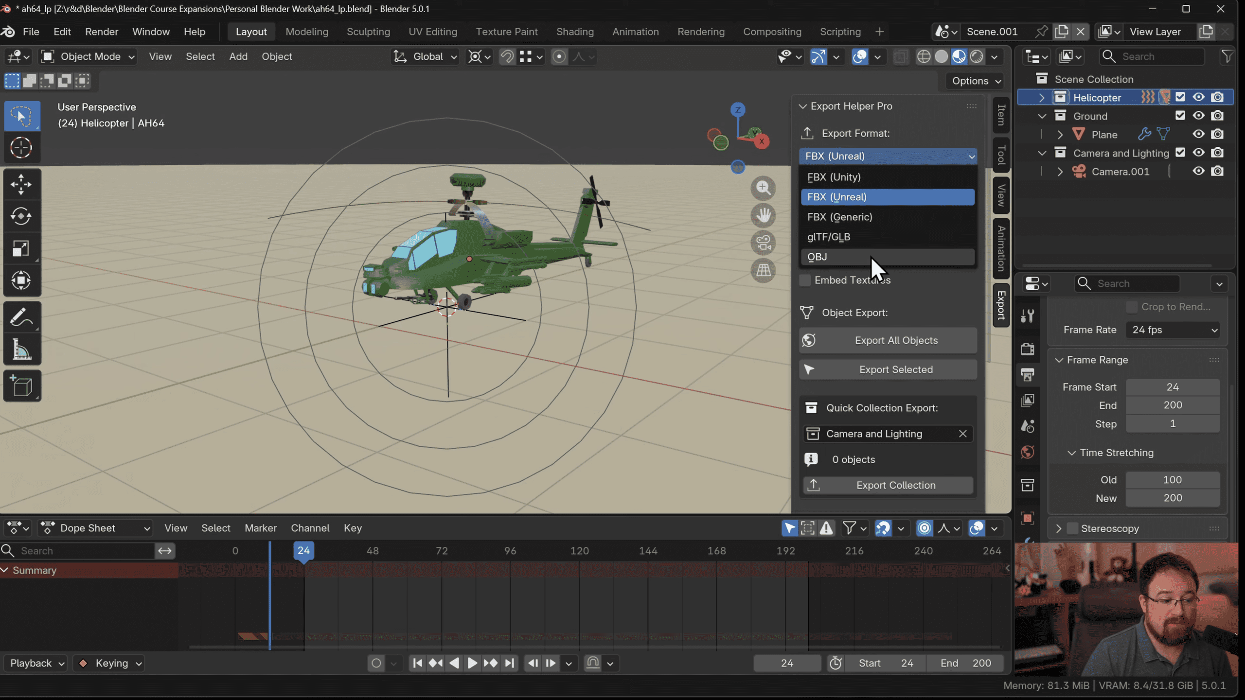 a screenshot of a 3d modeling software interface displaying a militarystyle helicopter in green the workspace includes an export menu with various file format options on the right side a user is visible in the lower right corner digital production A screenshot of a 3D modeling software interface displaying a military-style helicopter in green. The workspace includes an export menu with various file format options on the right side. A user is visible in the lower right corner.