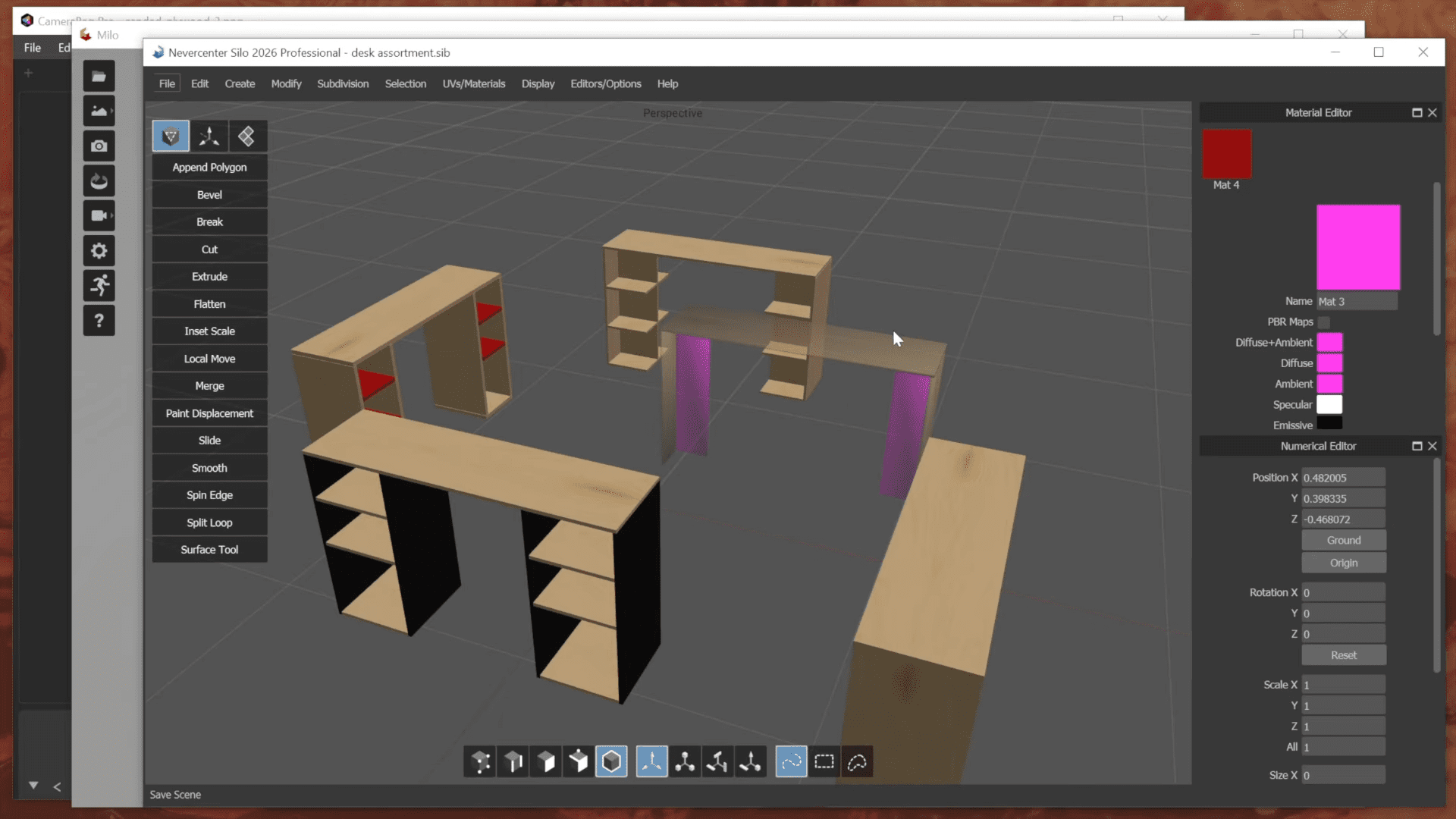 a digital rendering of a 3d furniture design layout created in software the scene features various furniture pieces including shelves and tables displayed in a threedimensional space with a gray grid background and a material editor panel visible digital production A digital rendering of a 3D furniture design layout created in software. The scene features various furniture pieces, including shelves and tables, displayed in a three-dimensional space with a gray grid background and a material editor panel visible.