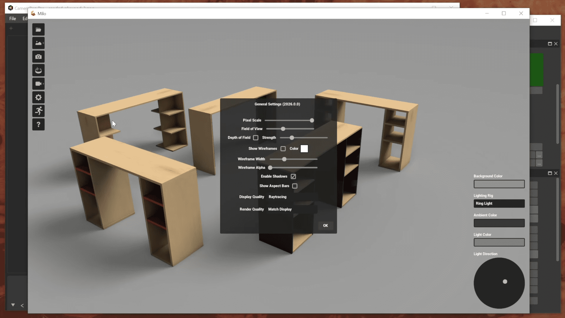 a 3d rendering of modular furniture displaying various wooden shelves and a desk in a lightcolored finish a settings menu is visible on the screen allowing adjustments for depth and display options digital production A 3D rendering of modular furniture displaying various wooden shelves and a desk in a light-colored finish. A settings menu is visible on the screen, allowing adjustments for depth and display options.