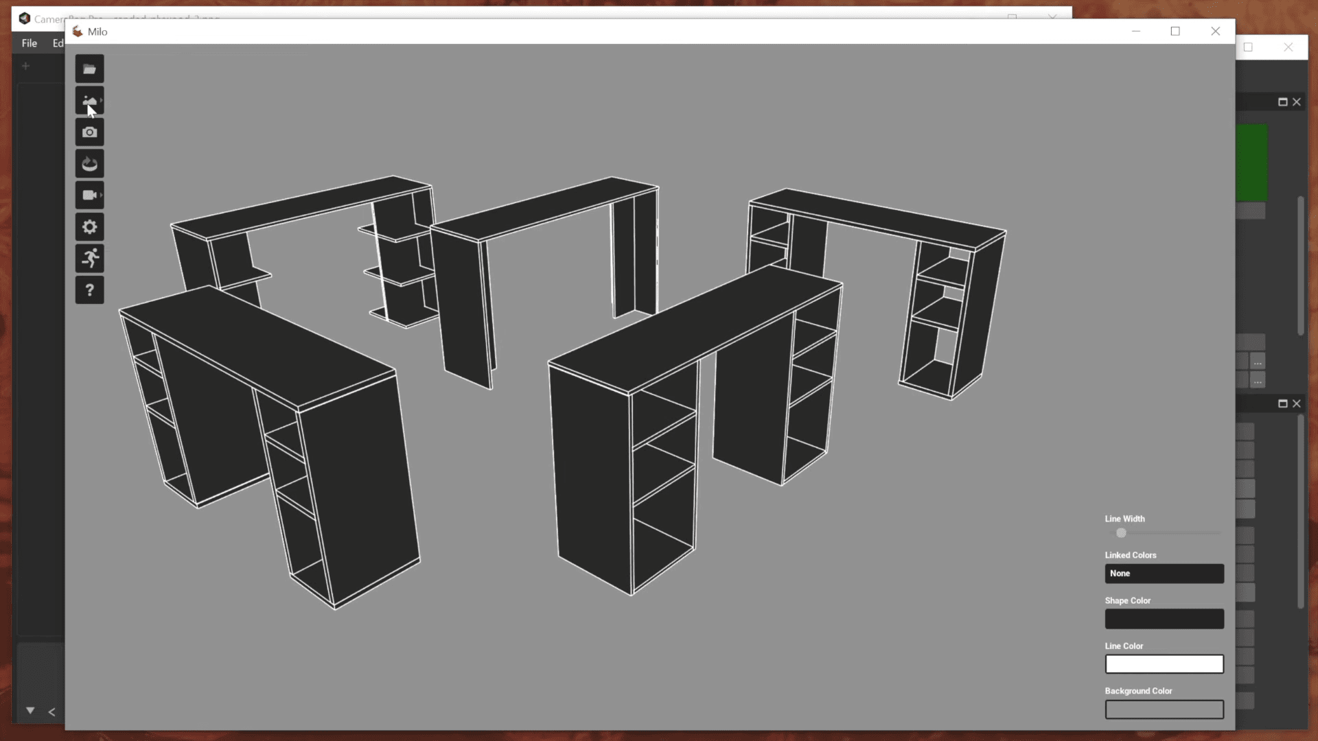 an illustration of five 3d black furniture models displayed on a gray background the pieces include desks and shelving units in various configurations highlighting their structural design and layout digital production An illustration of five 3D black furniture models displayed on a gray background. The pieces include desks and shelving units in various configurations, highlighting their structural design and layout.