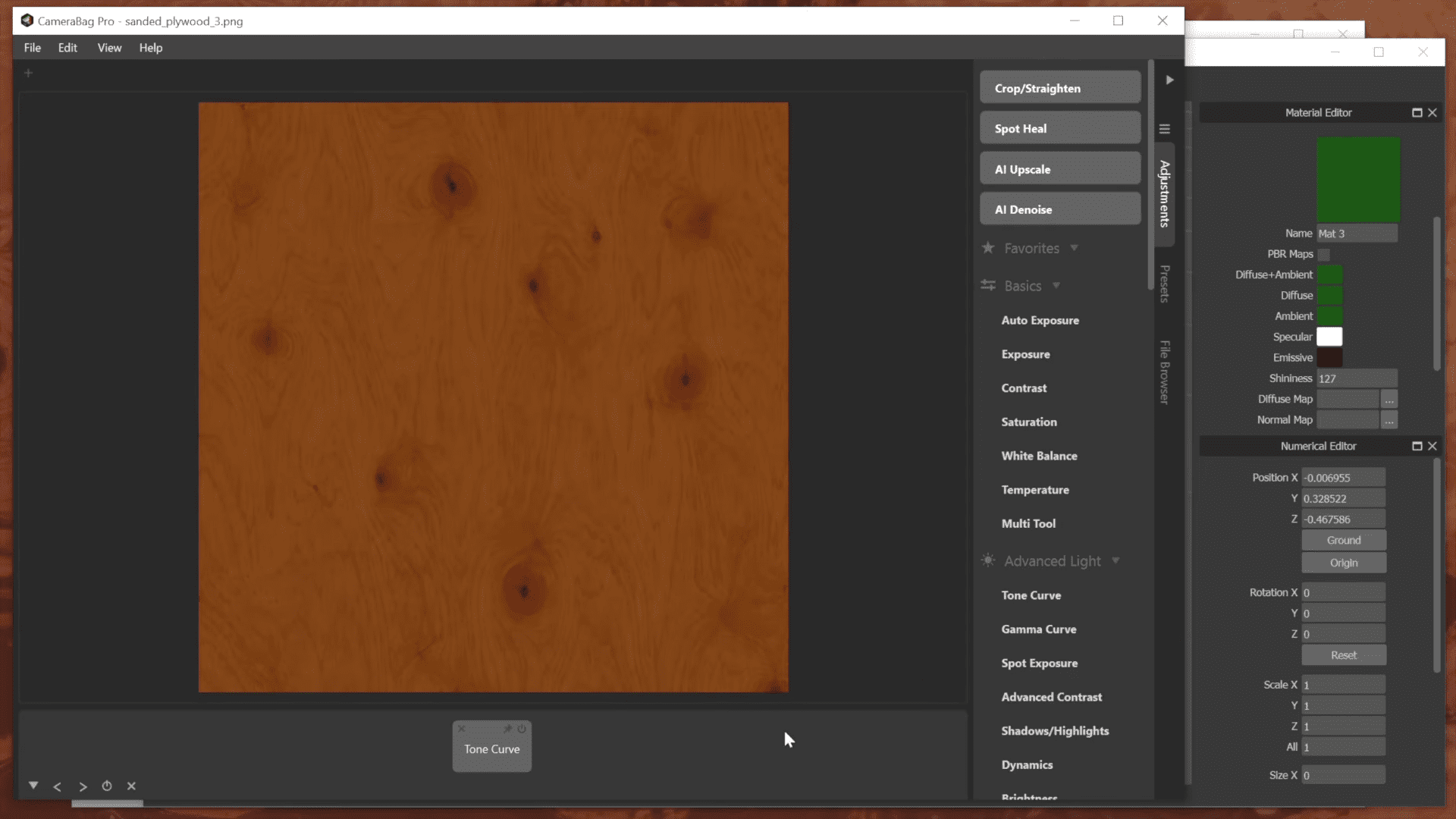 a computer screen displaying a digital editing interface with a wood texture background the central area shows a light brown wooden surface with noticeable grain patterns and knots the sidebar contains various editing tools and settings digital production A computer screen displaying a digital editing interface with a wood texture background. The central area shows a light brown wooden surface with noticeable grain patterns and knots. The sidebar contains various editing tools and settings.