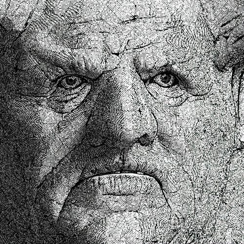 a detailed black and white illustration of an elderly mans face showcasing deep wrinkles furrowed brows and intense eyes creating a textured appearance with intricate line work digital production A detailed black and white illustration of an elderly man's face, showcasing deep wrinkles, furrowed brows, and intense eyes, creating a textured appearance with intricate line work.