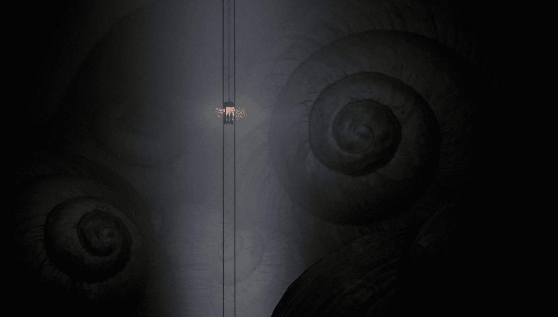 a dimly lit scene featuring a single light bulb suspended from a wire surrounded by large spiraling shells in shadow the dark background emphasizes the mysterious atmosphere digital production A dimly lit scene featuring a single light bulb suspended from a wire, surrounded by large, spiraling shells in shadow. The dark background emphasizes the mysterious atmosphere.